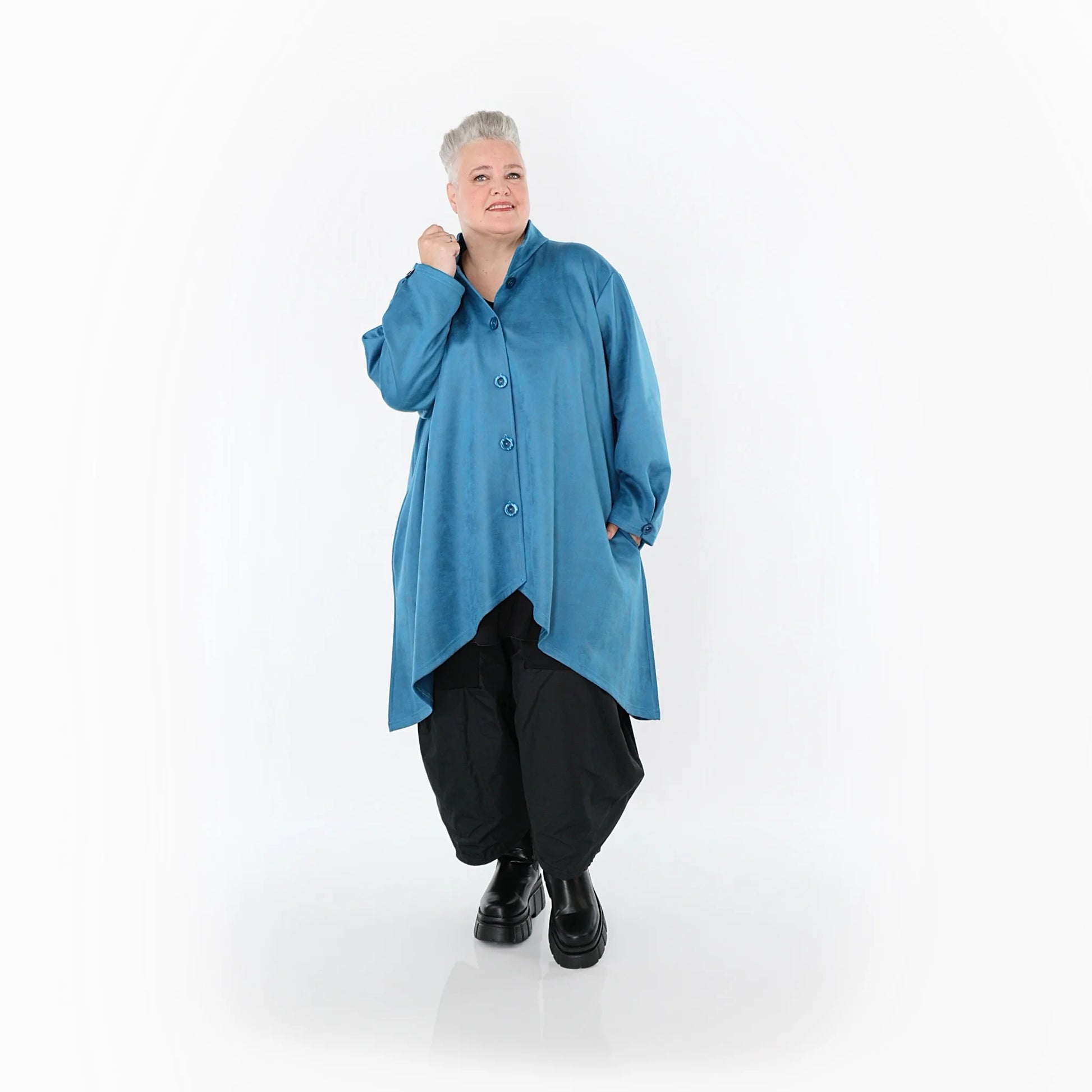  AKH Fashion Jacke in Vokuhila-Form, aus Polyester, 1520.07119, Petrol, Ausgefallen, Schick