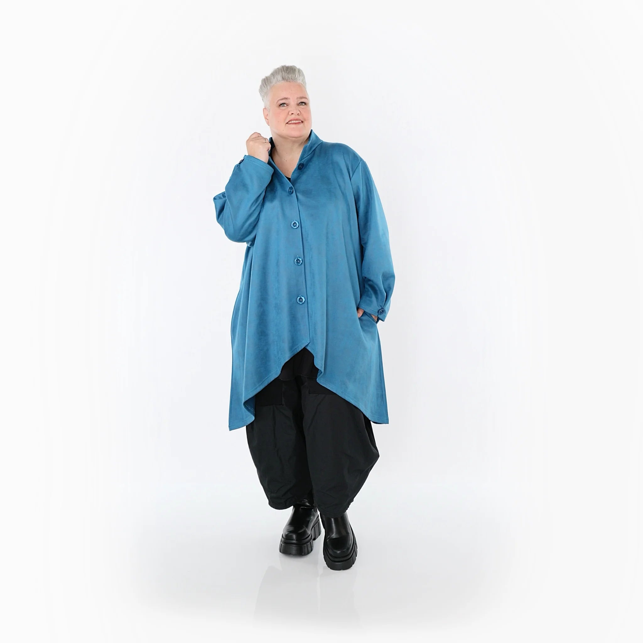  AKH Fashion Jacke in Vokuhila-Form, aus Polyester, 1520.07119, Petrol, Ausgefallen, Schick