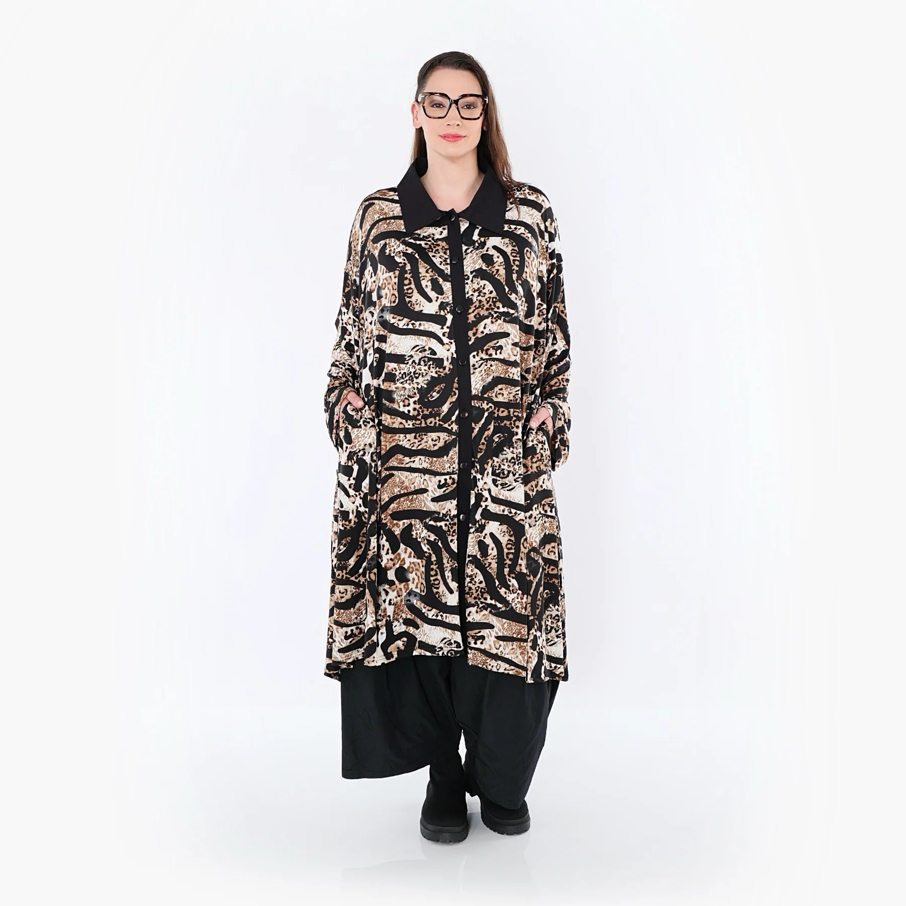 AKH Fashion Longbluse in gerader Form, aus Materialmix, 1521.07131, Schwarz/Cognac/Weiß