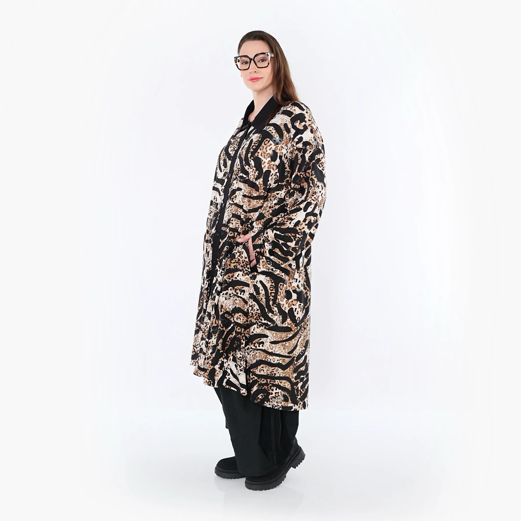  AKH Fashion Longbluse in gerader Form, aus Materialmix, 1521.07131, Schwarz/Cognac/Weiß
