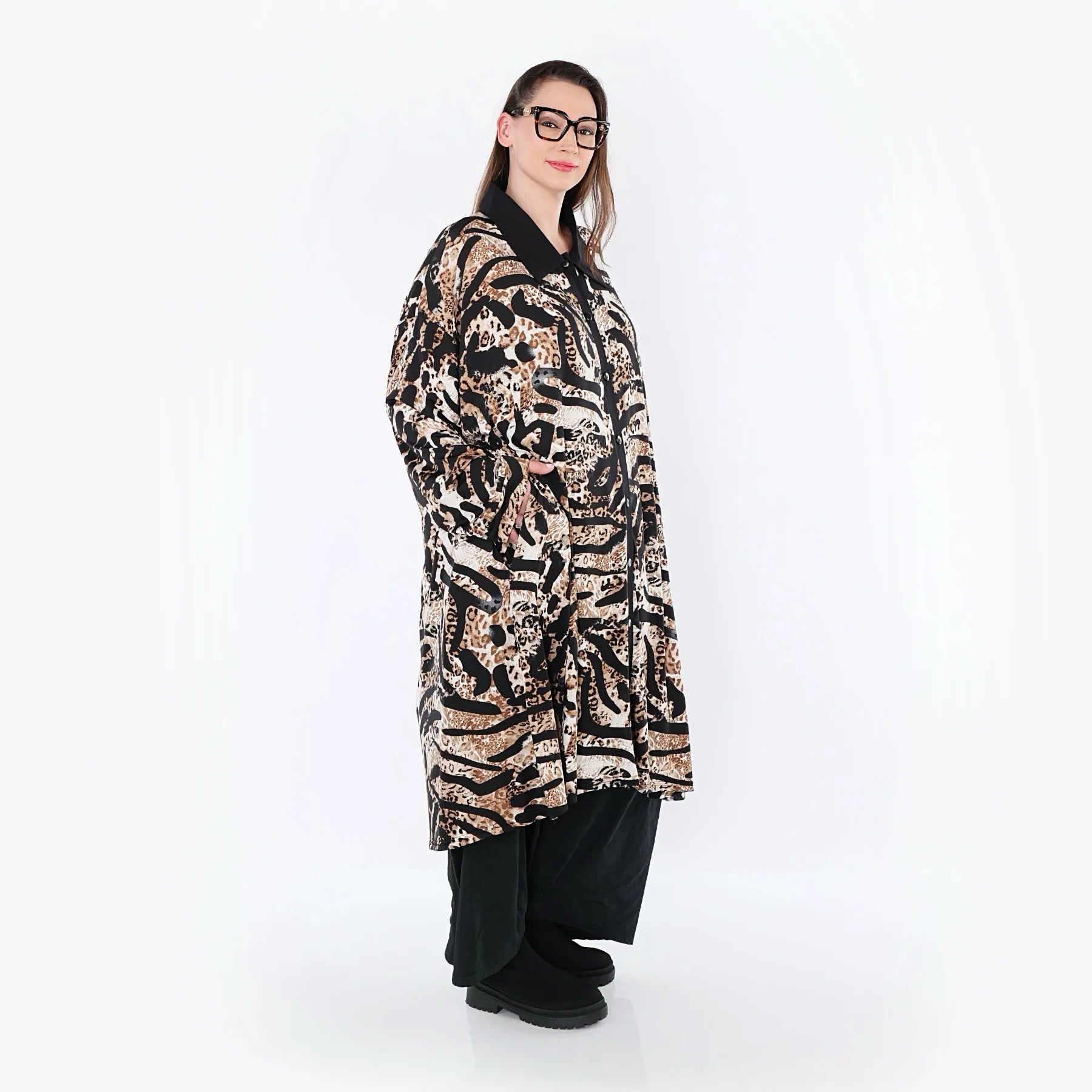  AKH Fashion Longbluse in gerader Form, aus Materialmix, 1521.07131, Schwarz/Cognac/Weiß