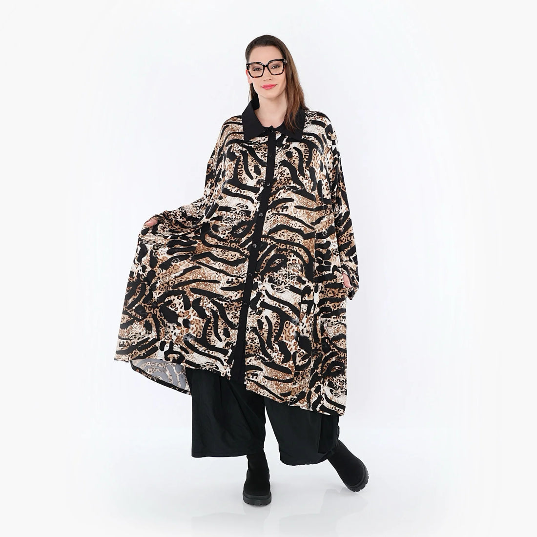  AKH Fashion Longbluse in gerader Form, aus Materialmix, 1521.07131, Schwarz/Cognac/Weiß