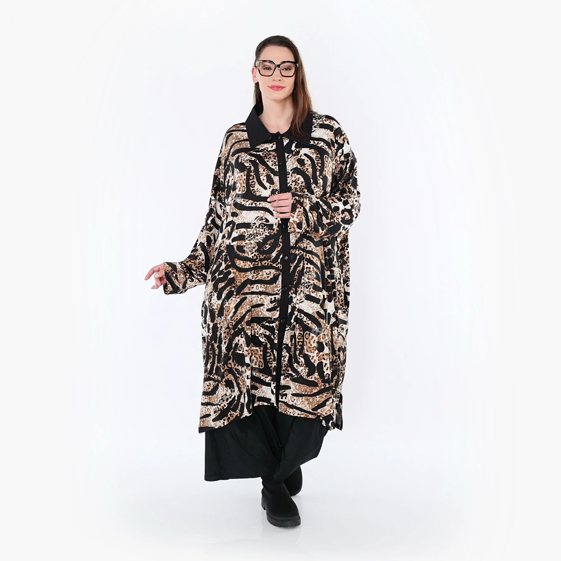  AKH Fashion Longbluse in gerader Form, aus Materialmix, 1521.07131, Schwarz/Cognac/Weiß
