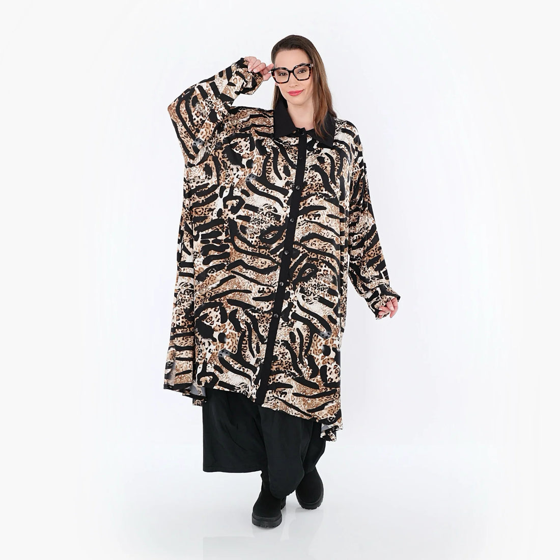  AKH Fashion Longbluse in gerader Form, aus Materialmix, 1521.07131, Schwarz/Cognac/Weiß