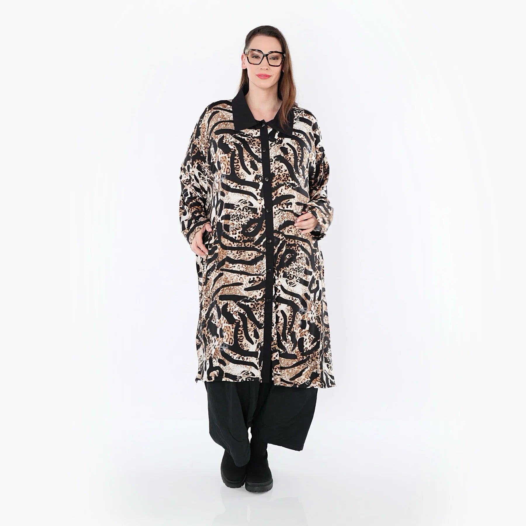  AKH Fashion Longbluse in gerader Form, aus Materialmix, 1521.07131, Schwarz/Cognac/Weiß