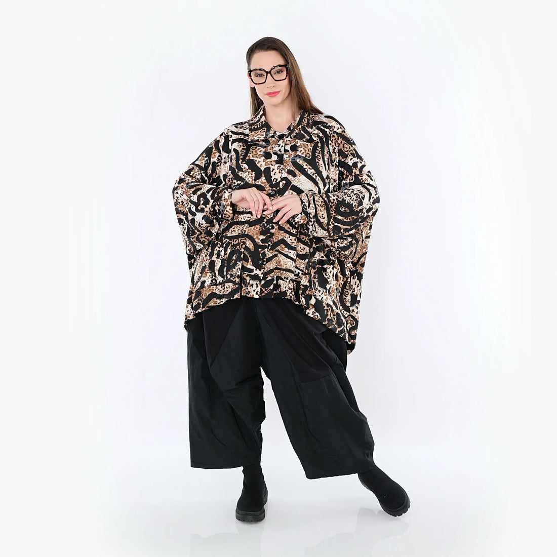  A-Form Bluse von AKH Fashion aus Materialmix, 1521.07132, Schwarz/Cognac/Weiß, Leopard