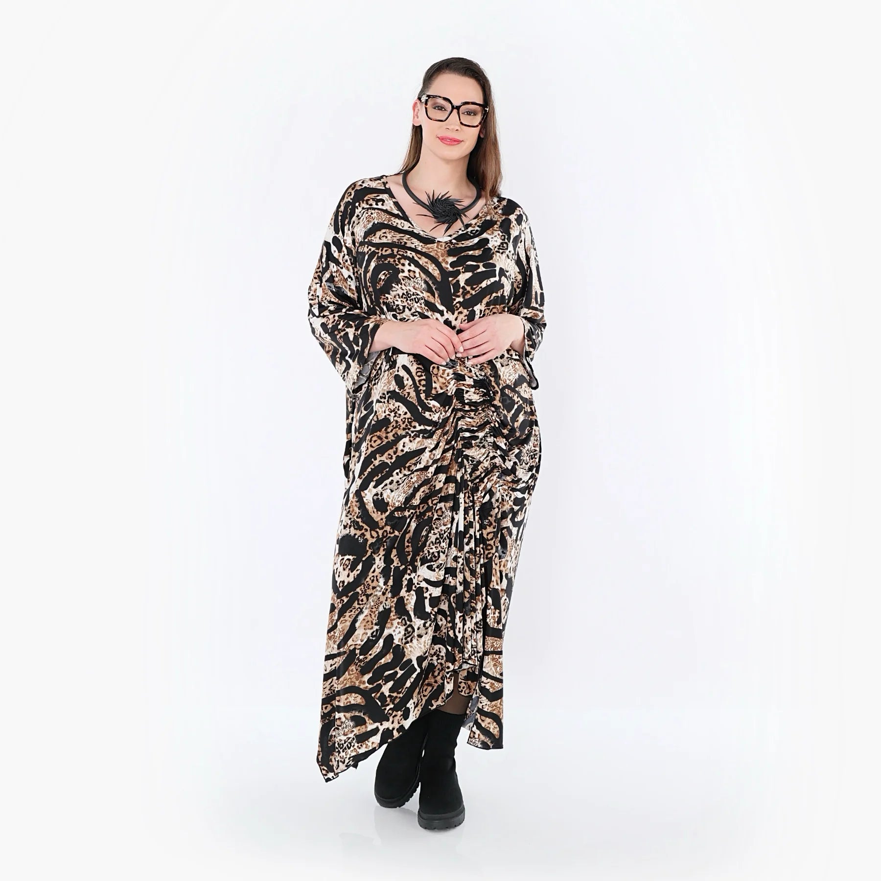  Kleid von AKH Fashion aus Materialmix, 1521.07134, Schwarz/Cognac/Weiß, Leopard, Schick