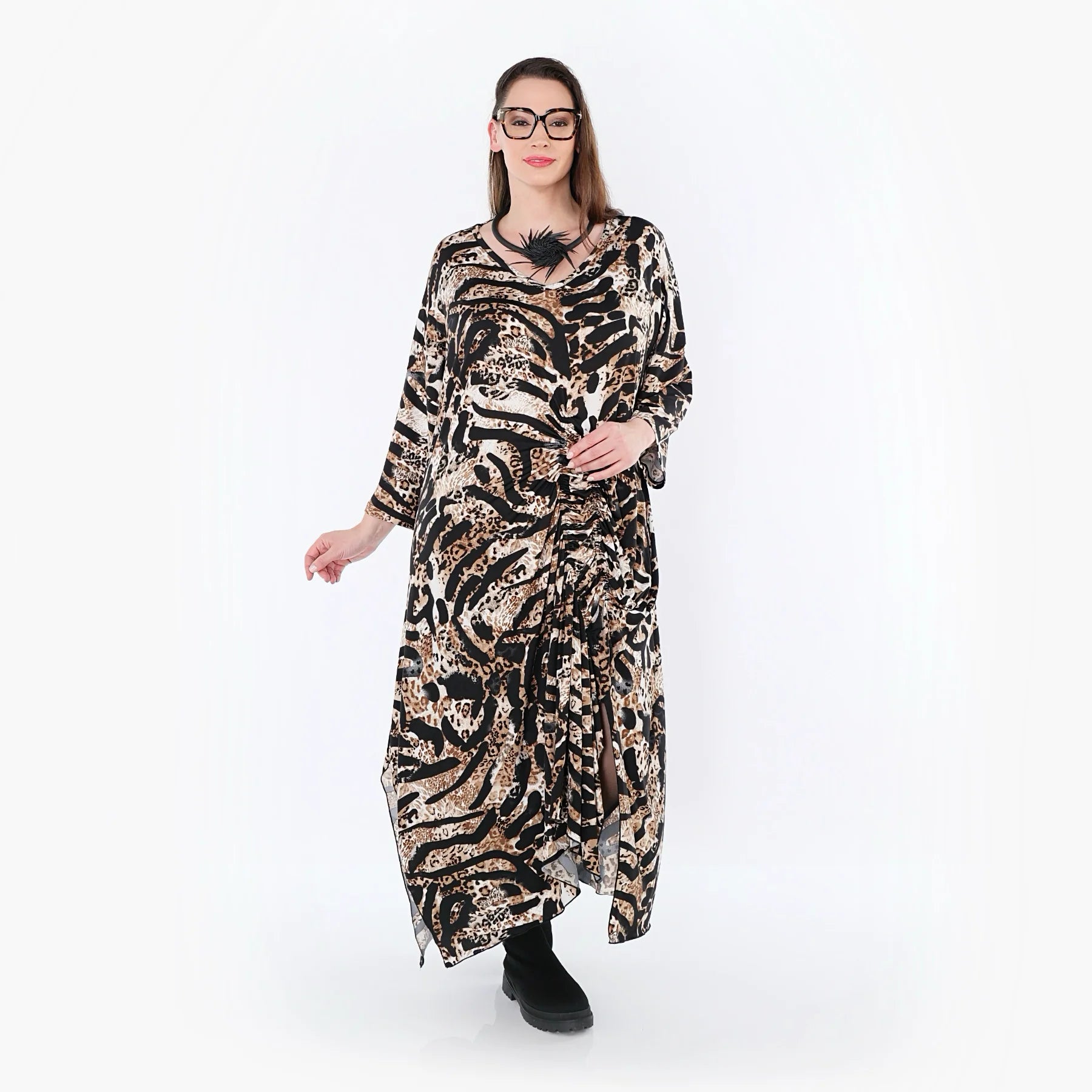  Kleid von AKH Fashion aus Materialmix, 1521.07134, Schwarz/Cognac/Weiß, Leopard, Schick