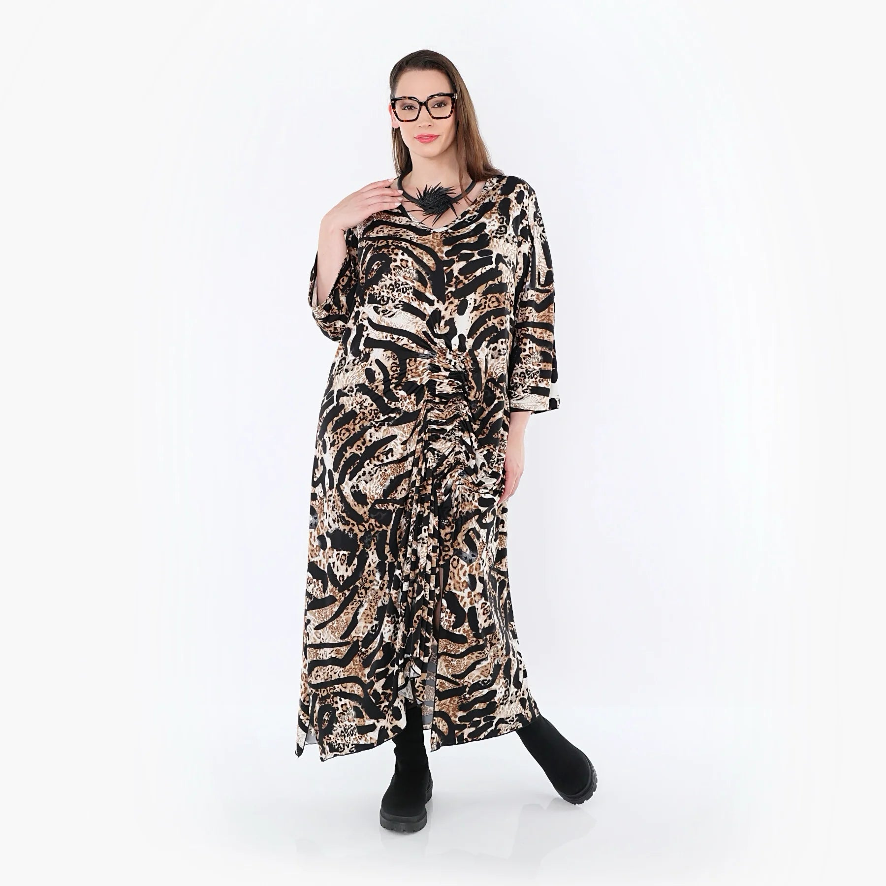  Kleid von AKH Fashion aus Materialmix, 1521.07134, Schwarz/Cognac/Weiß, Leopard, Schick