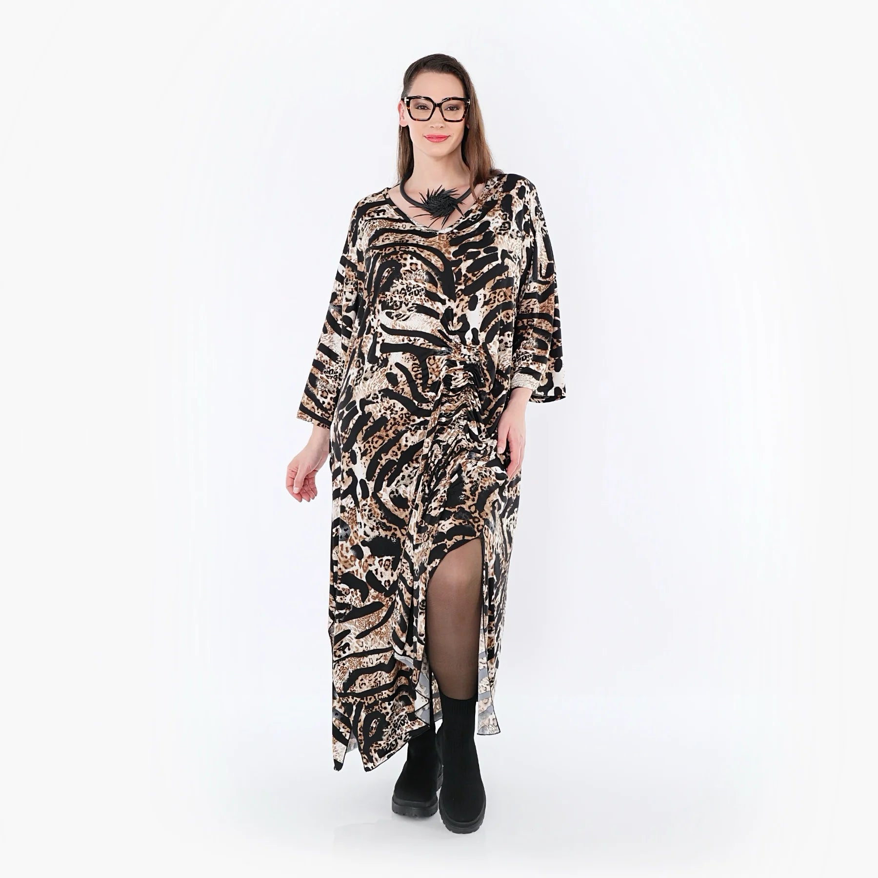  Kleid von AKH Fashion aus Materialmix, 1521.07134, Schwarz/Cognac/Weiß, Leopard, Schick