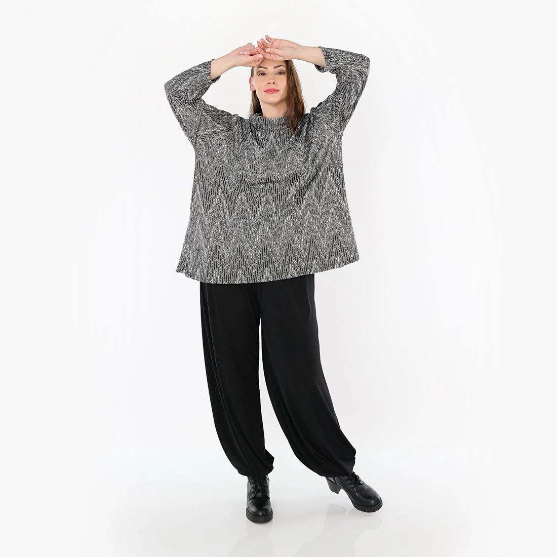  AKH Fashion Shirt in Glocken-Form, aus Materialmix, 1526.1892R, Grau/Schwarz/Weiß, Schick