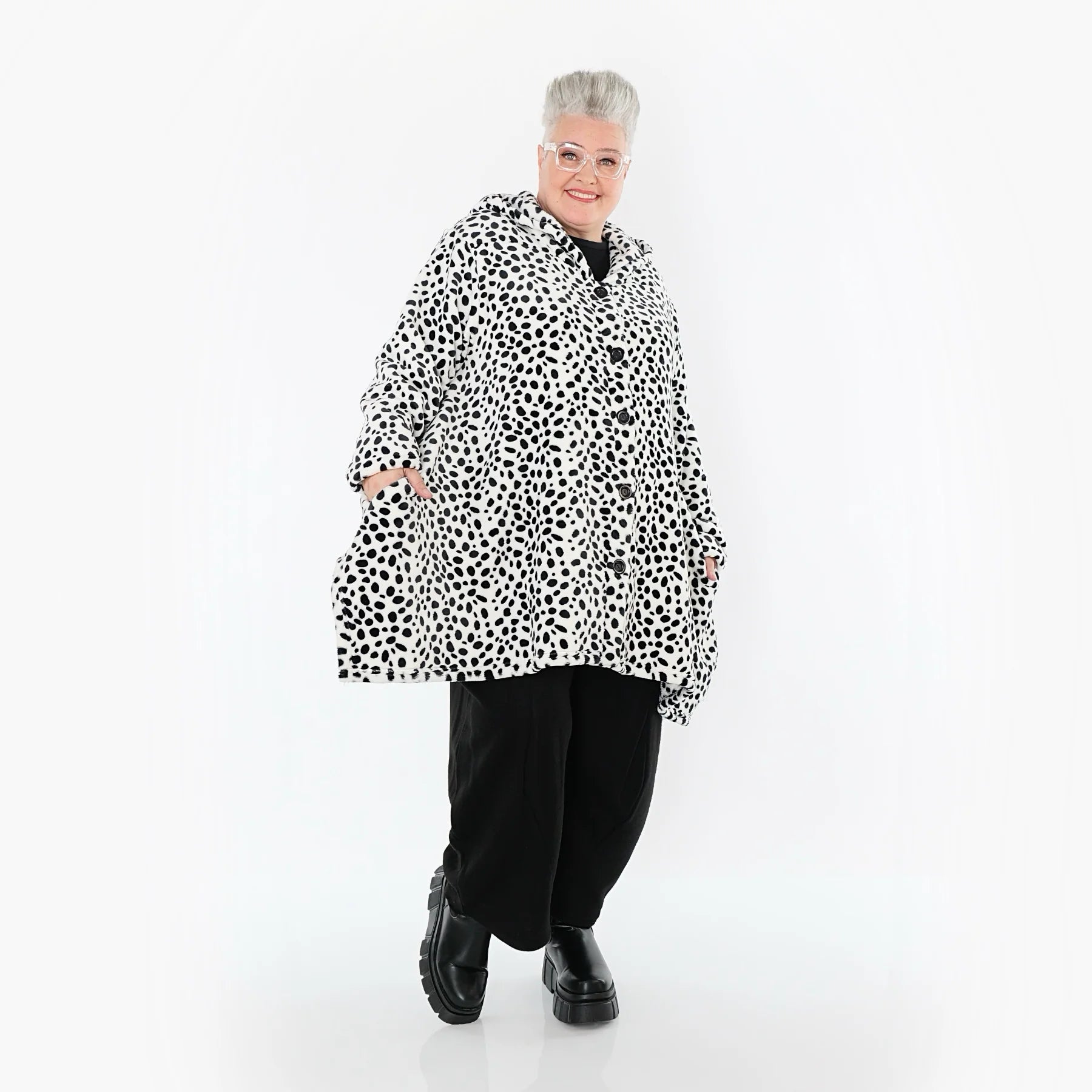  A-Form Jacke von AKH Fashion aus Polyester, 1527.02030, Weiß/Schwarz, Punkte, Ausgefallen