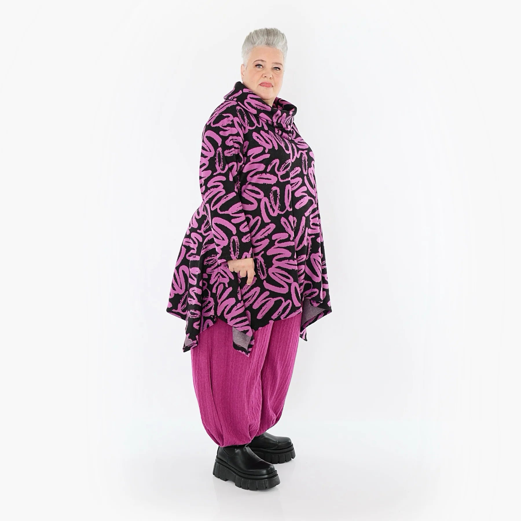  A-Form Shirt von AKH Fashion aus Materialmix, 1529.03371, Schwarz/Fuchsia, Kringel, Schick