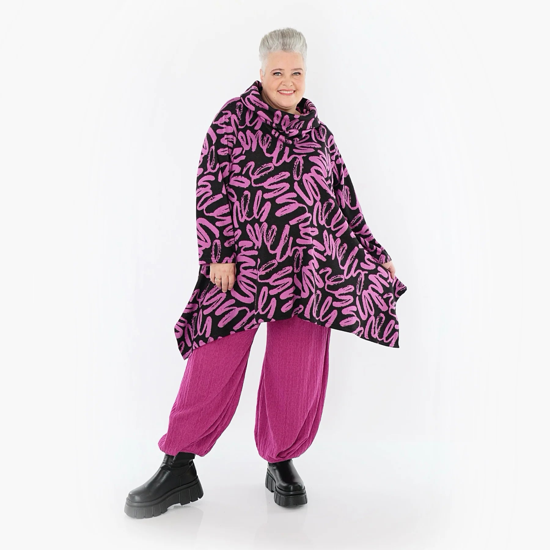  A-Form Shirt von AKH Fashion aus Materialmix, 1529.03371, Schwarz/Fuchsia, Kringel, Schick