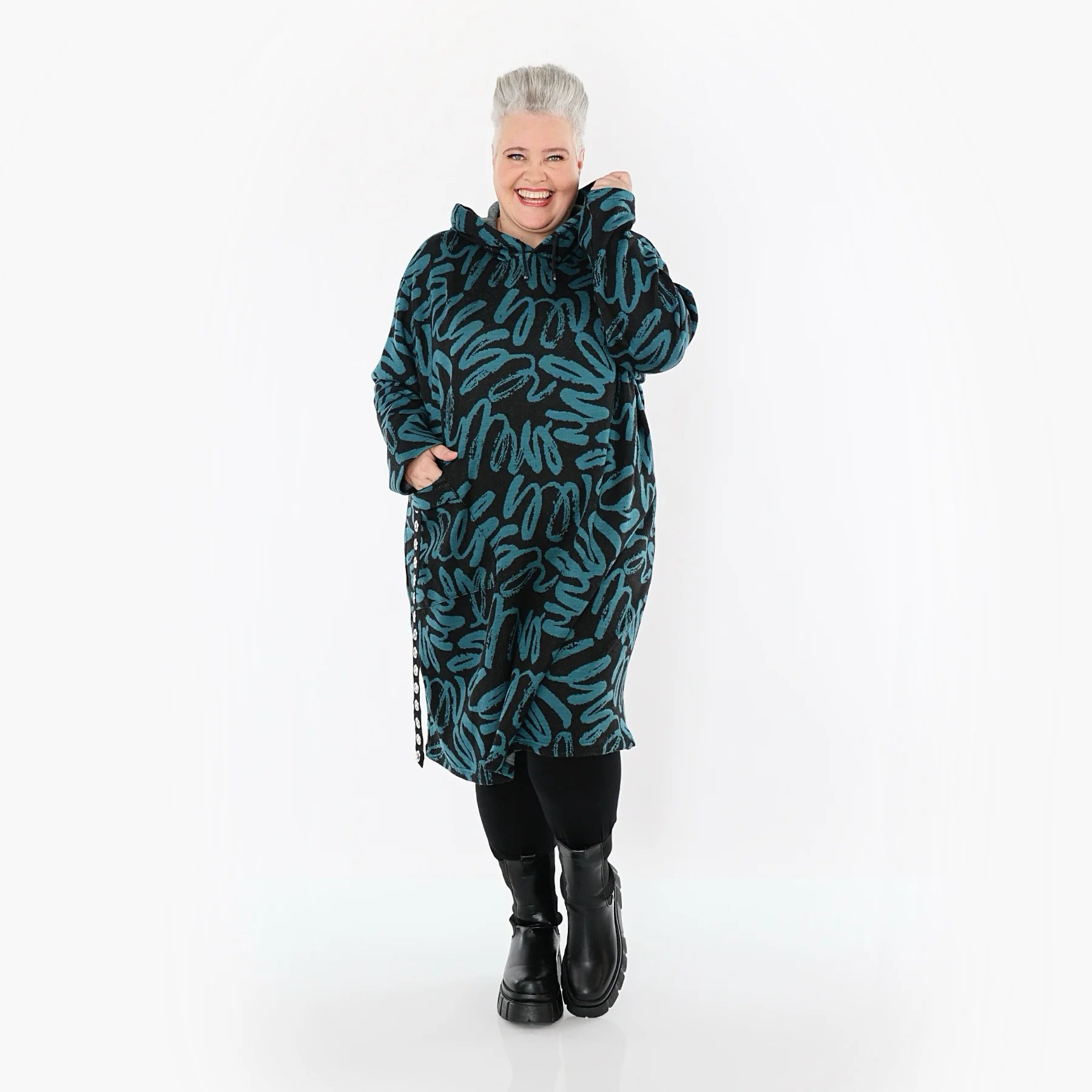  A-Form Kleid von AKH Fashion aus Materialmix, 1529.06989, Schwarz/Petrol, Kringel, Schick