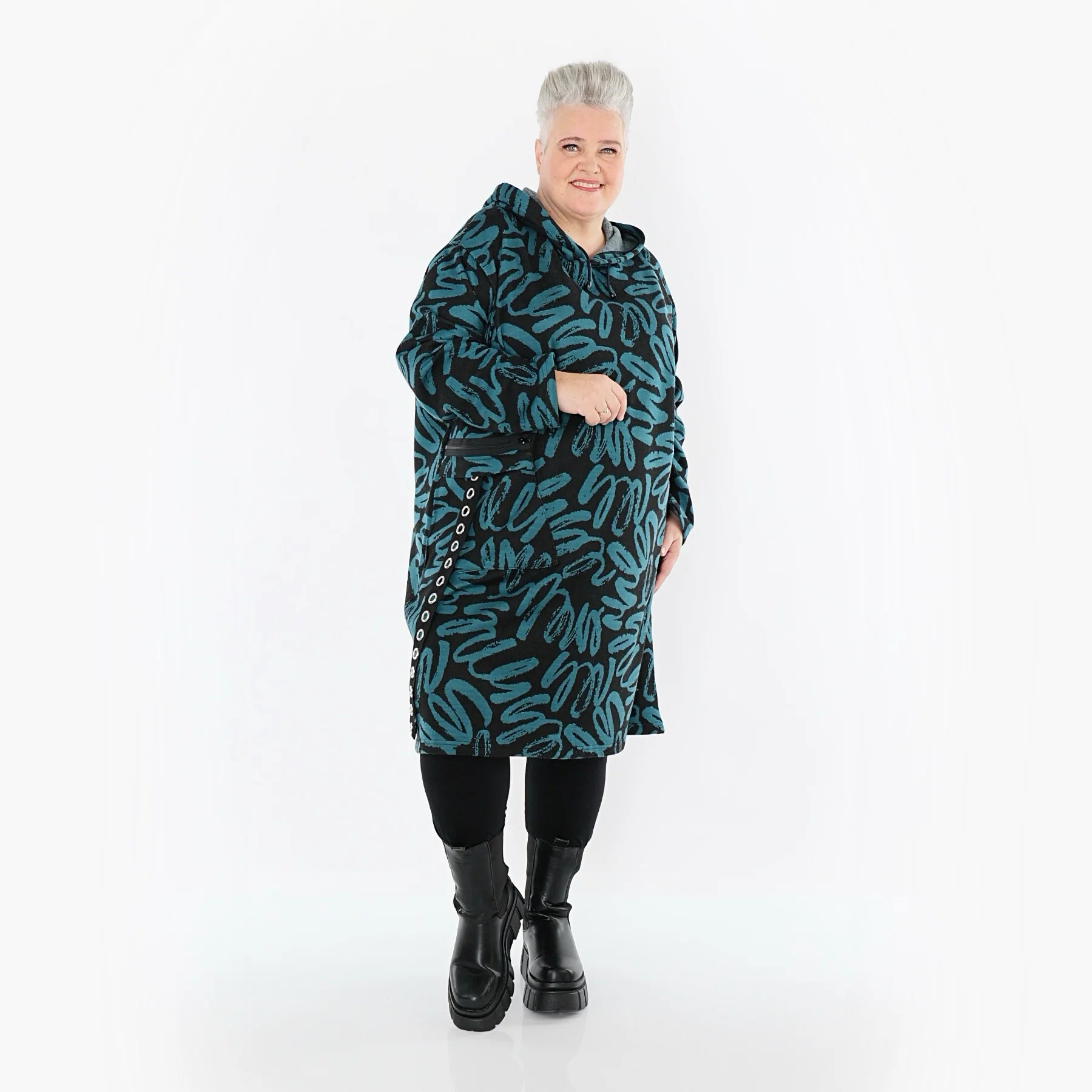  A-Form Kleid von AKH Fashion aus Materialmix, 1529.06989, Schwarz/Petrol, Kringel, Schick