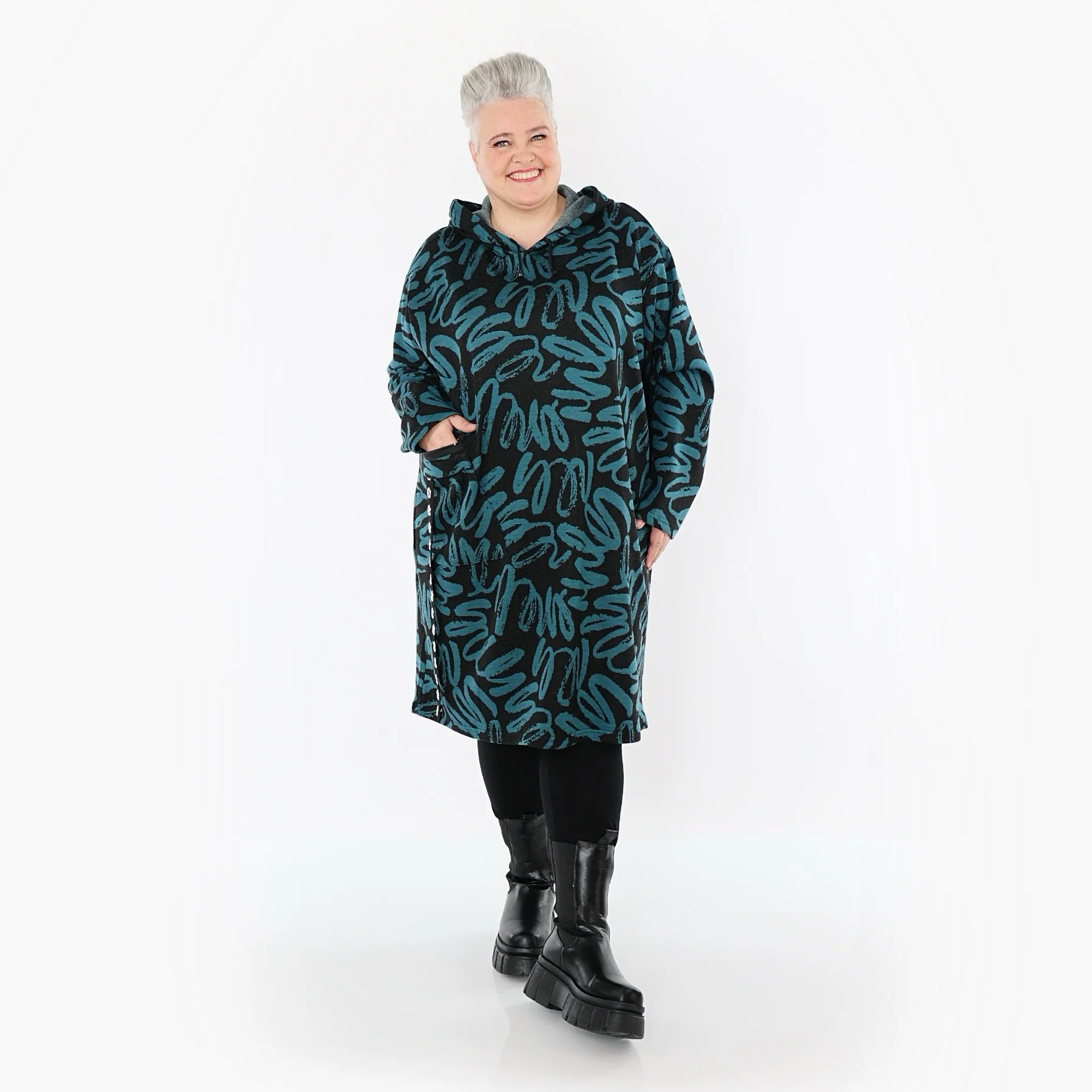  A-Form Kleid von AKH Fashion aus Materialmix, 1529.06989, Schwarz/Petrol, Kringel, Schick