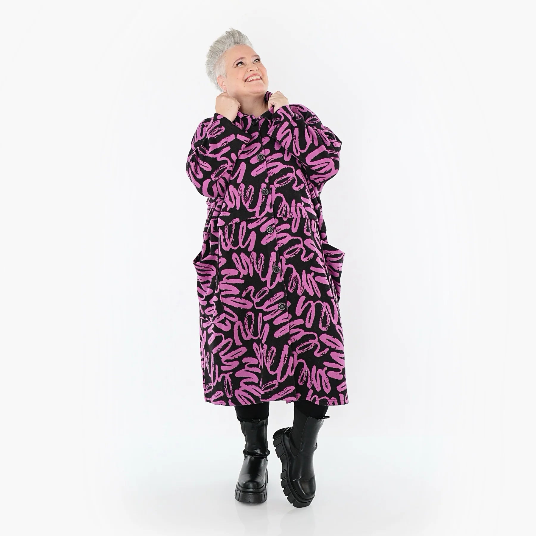  AKH Fashion Mantel in Glocken-Form, aus Materialmix, 1529.07041, Schwarz/Fuchsia, Kringel