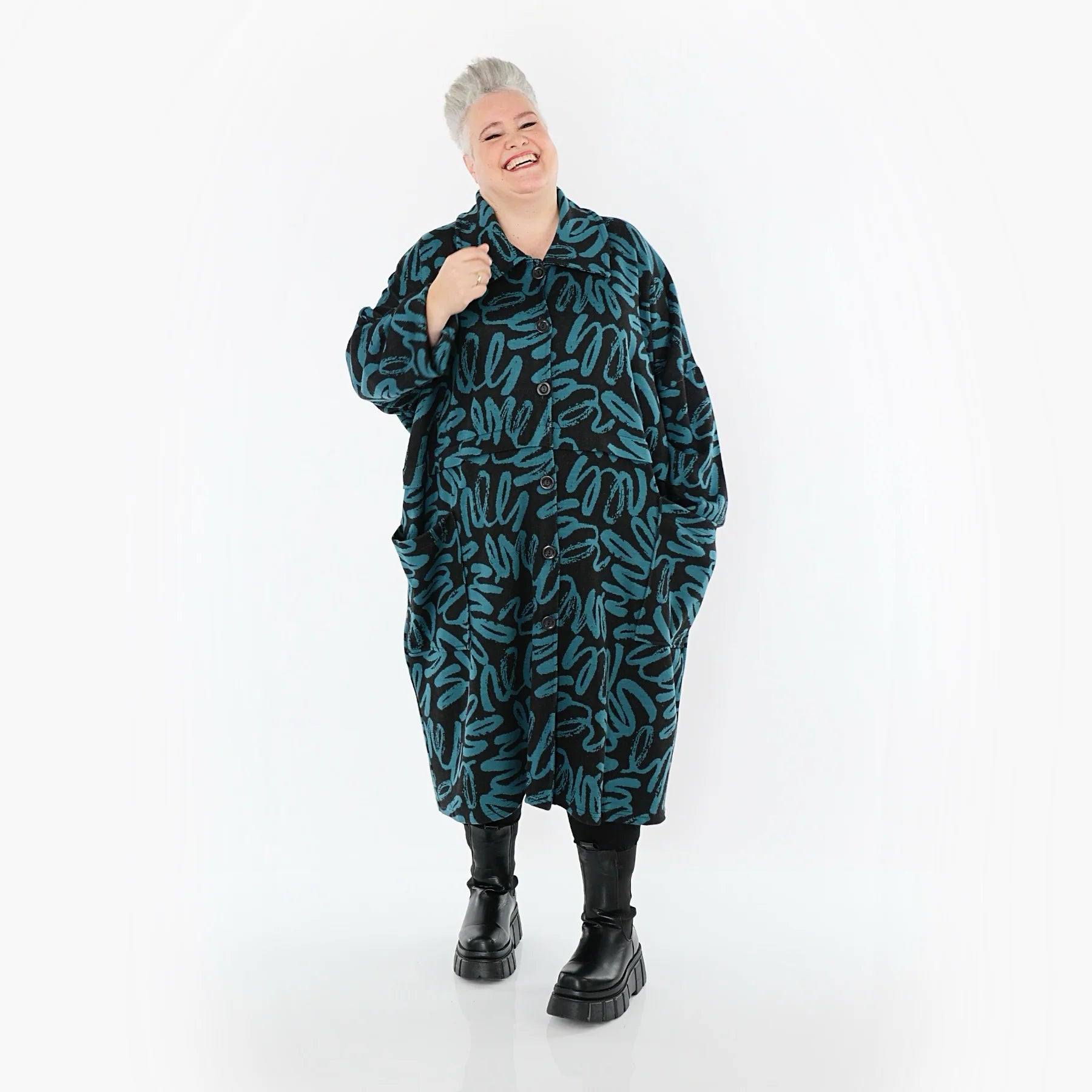  AKH Fashion Mantel in Glocken-Form, aus Materialmix, 1529.07041, Schwarz/Petrol, Kringel