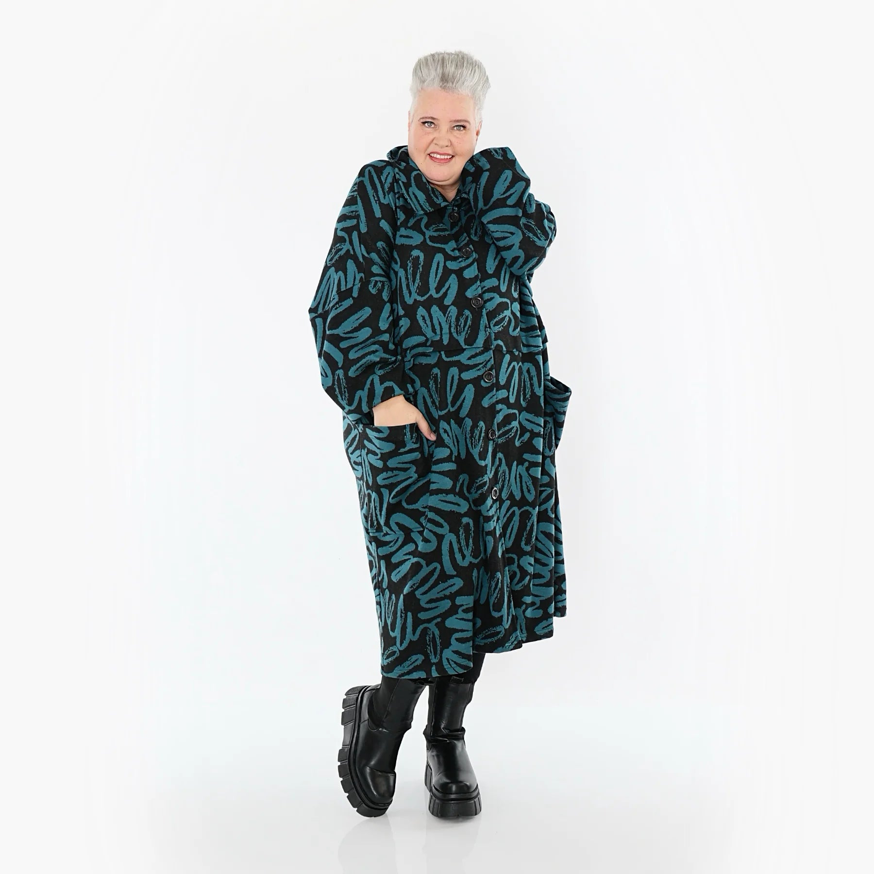  AKH Fashion Mantel in Glocken-Form, aus Materialmix, 1529.07041, Schwarz/Petrol, Kringel