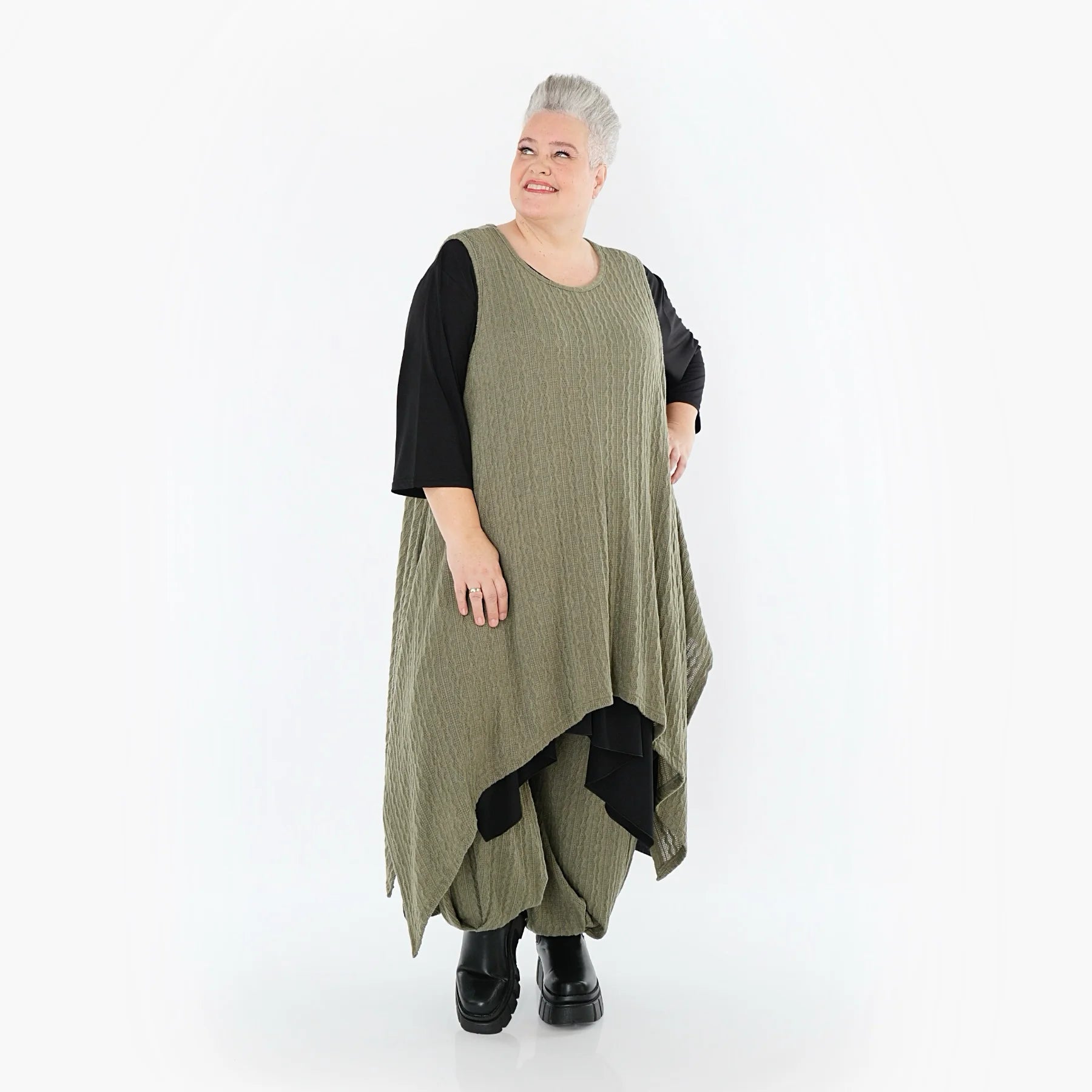  Zipfel Kleid von AKH Fashion aus Materialmix, 1532.03067, Olive, Wellen, Ausgefallen