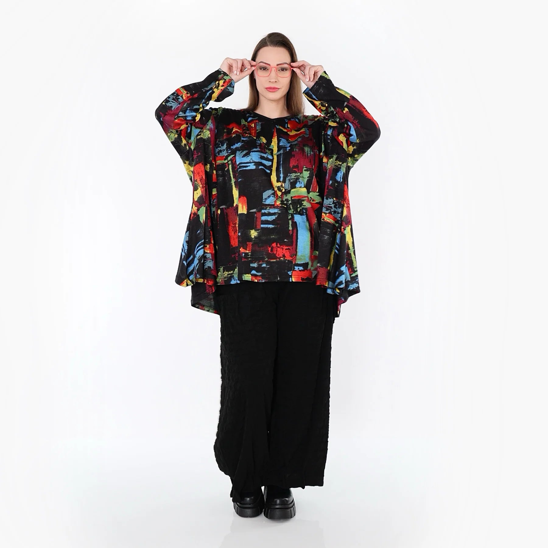  A-Form Bigshirt von AKH Fashion aus Viskose, 1542.00593, Schwarz/Multi, Pinselstrich, Schick