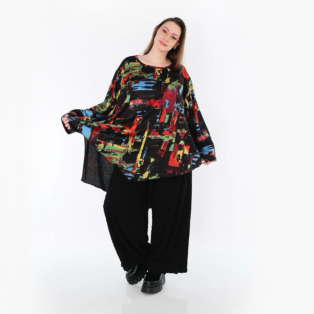  A-Form Bigshirt von AKH Fashion aus Viskose, 1542.07138, Schwarz/Multi, Pinselstrich, Schick