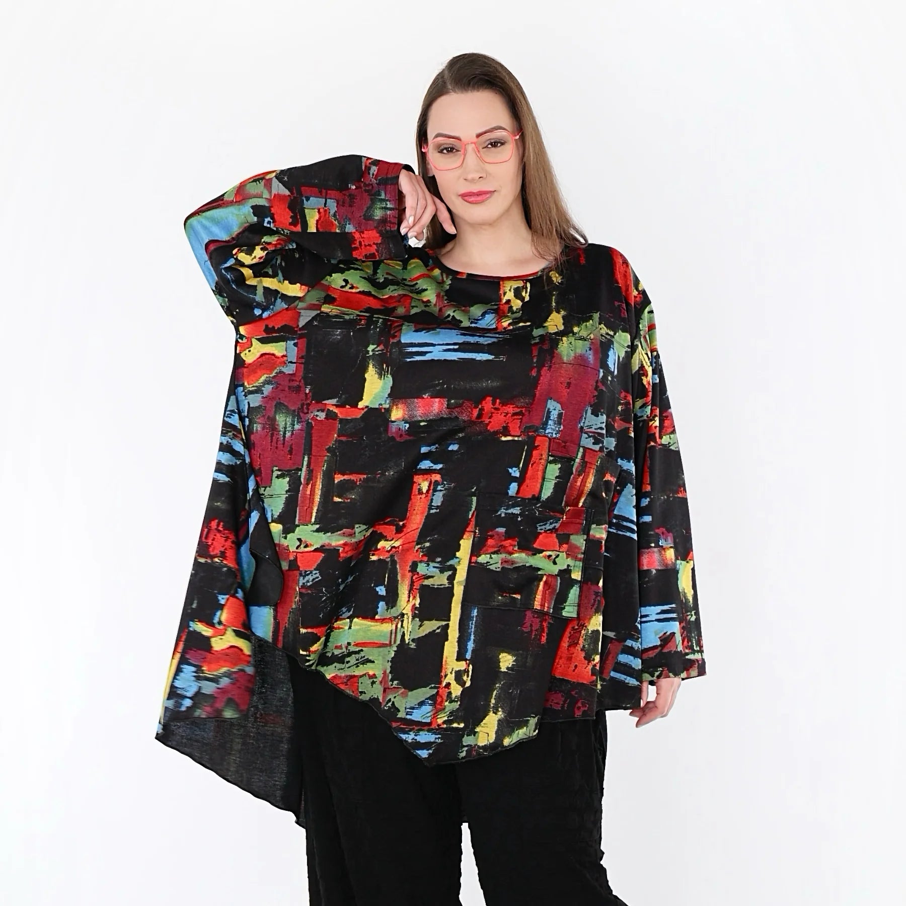  A-Form Bigshirt von AKH Fashion aus Viskose, 1542.07138, Schwarz/Multi, Pinselstrich, Schick
