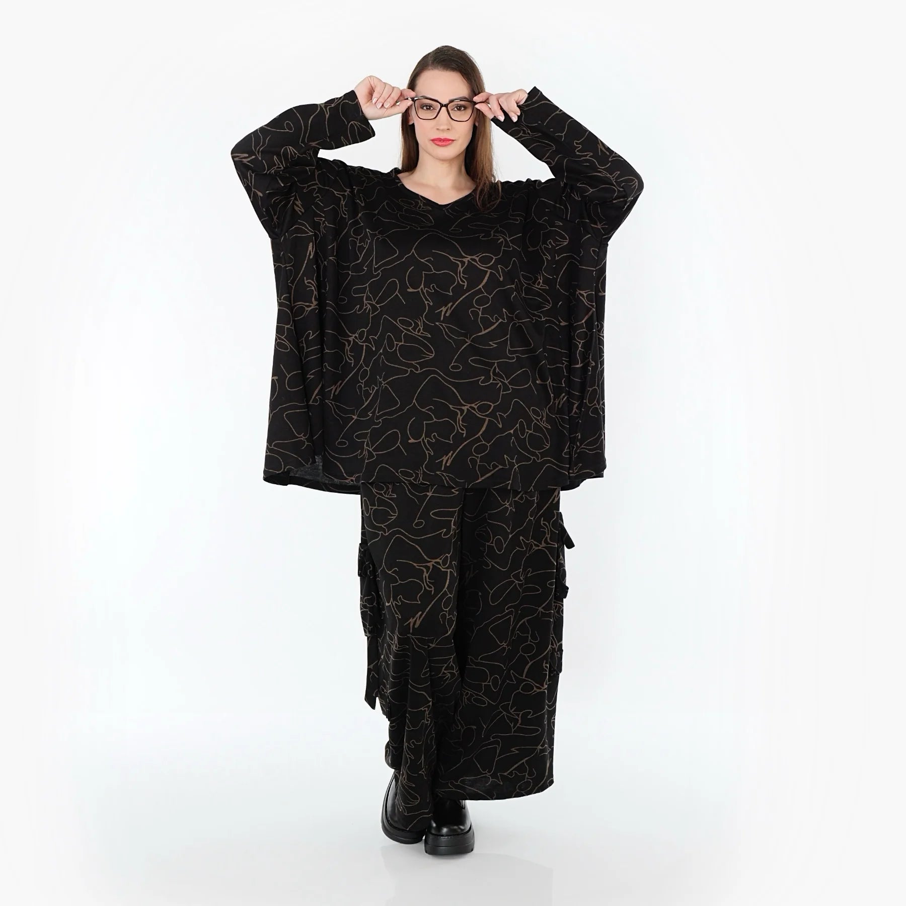  A-Form Bigshirt von AKH Fashion aus Viskose, 1545.00593, Schwarz/Braun, Kringel, Ausgefallen