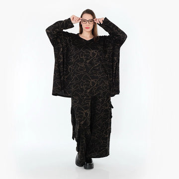  A-Form Bigshirt von AKH Fashion aus Viskose, 1545.00593, Schwarz/Braun, Kringel, Ausgefallen