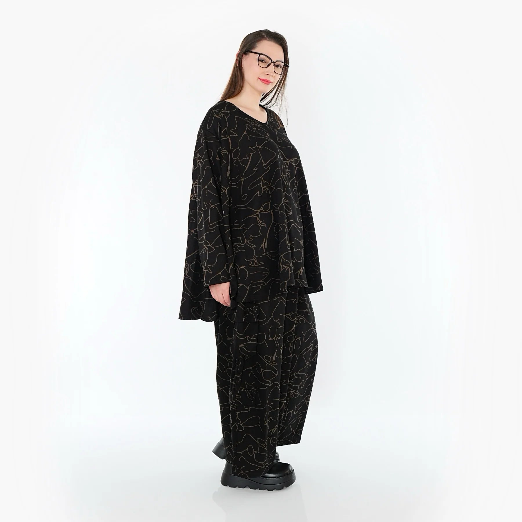 A-Form Bigshirt von AKH Fashion aus Viskose, 1545.00593, Schwarz/Braun, Kringel, Ausgefallen
