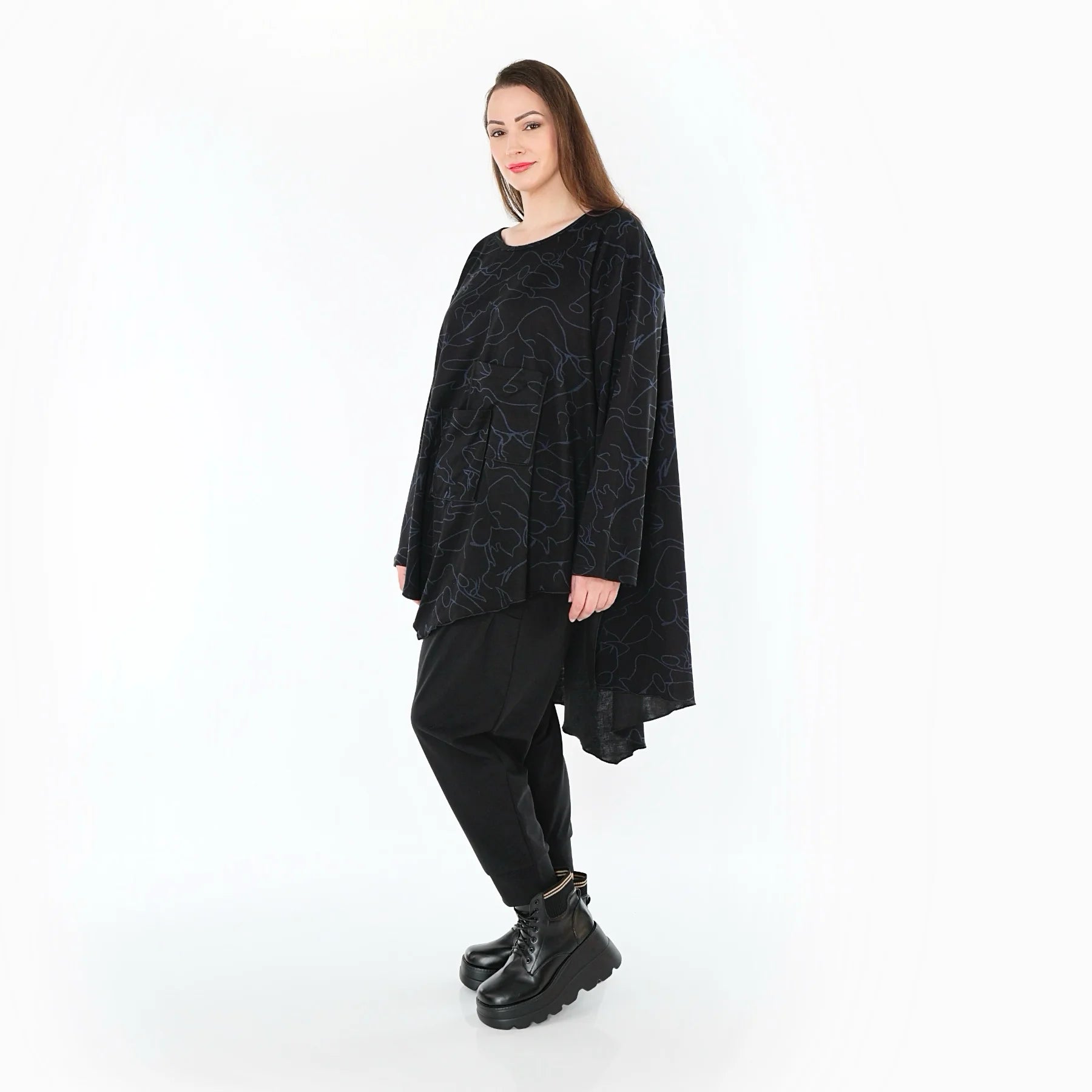  A-Form Bigshirt von AKH Fashion aus Viskose, 1545.07138, Schwarz/Blau, Kringel, Ausgefallen