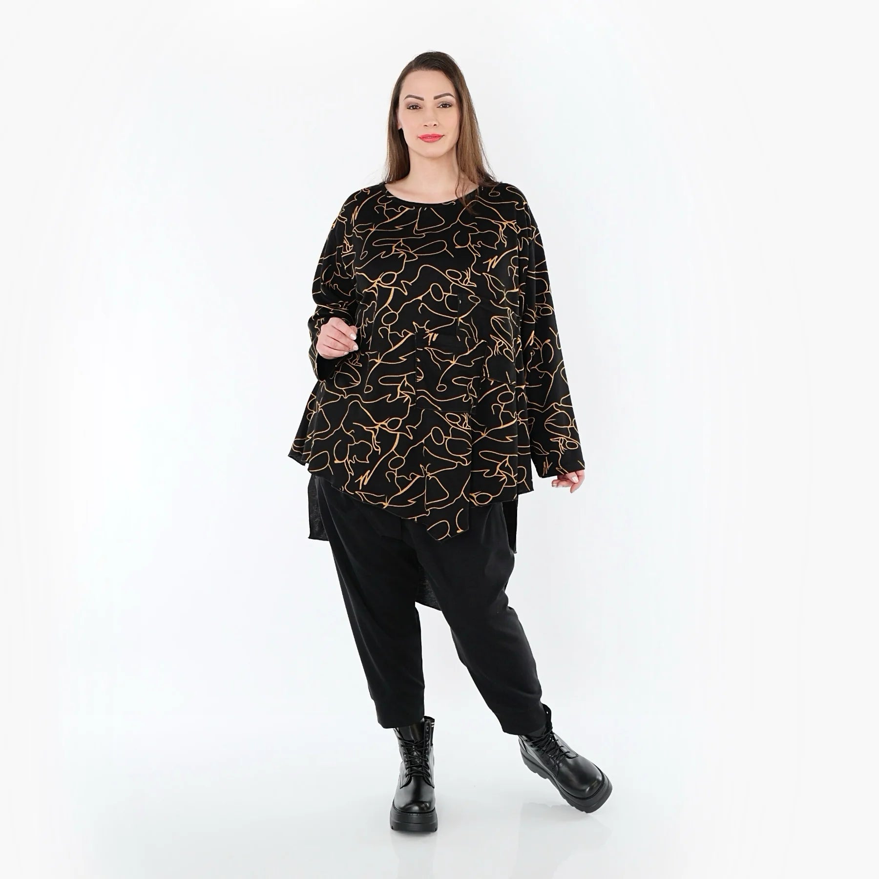  A-Form Bigshirt von AKH Fashion aus Viskose, 1545.07138, Schwarz/Orange, Kringel, Schick