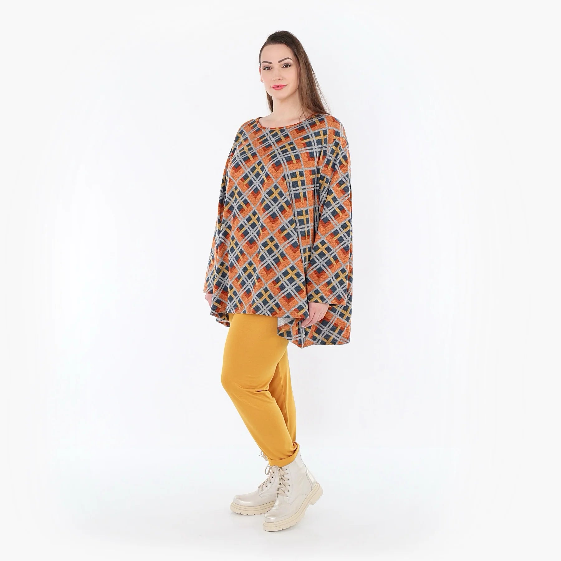  A-Form Bigshirt von AKH Fashion aus Materialmix, 1549.00593, Orange/Blau/Grau, Kariert