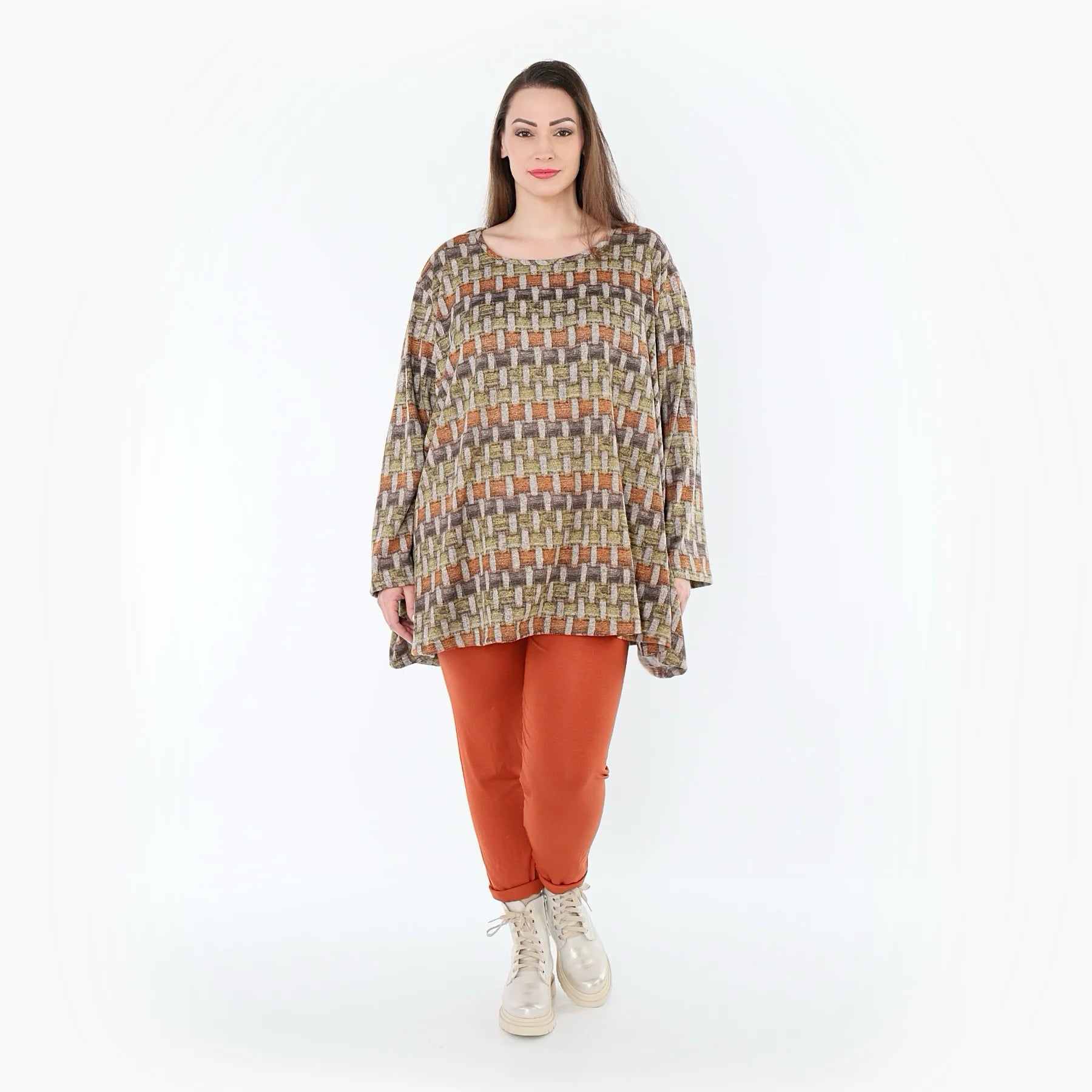  A-Form Bigshirt von AKH Fashion aus Materialmix, 1550.00593, Grau/Orange/Grün, Blockstreifen
