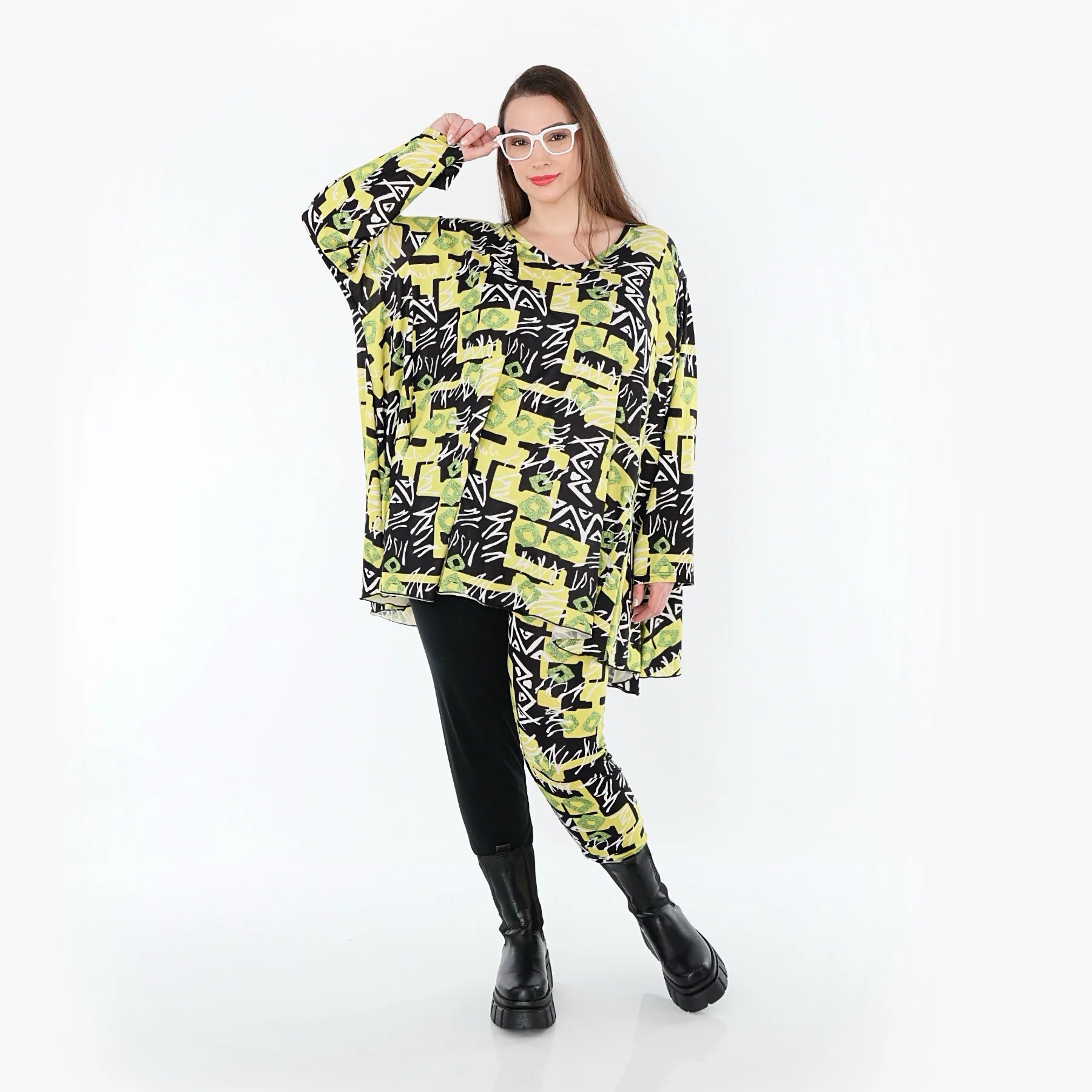  A-Form Bigshirt von AKH Fashion aus Viskose, 1556.00593, Gelb/Multi, Abstrakt, Ausgefallen