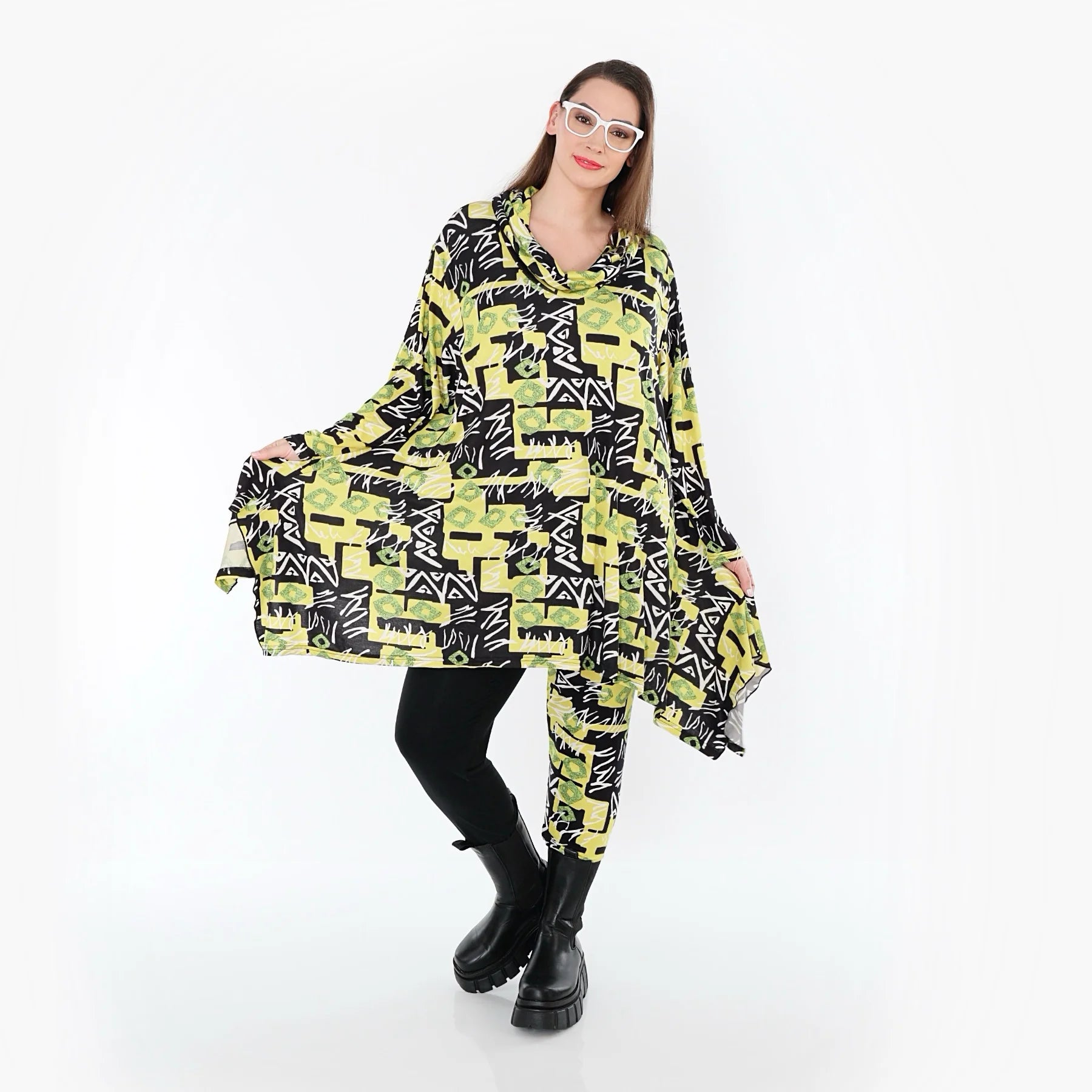  A-Form Bigshirt von AKH Fashion aus Viskose, 1556.03371, Gelb/Multi, Abstrakt, Ausgefallen