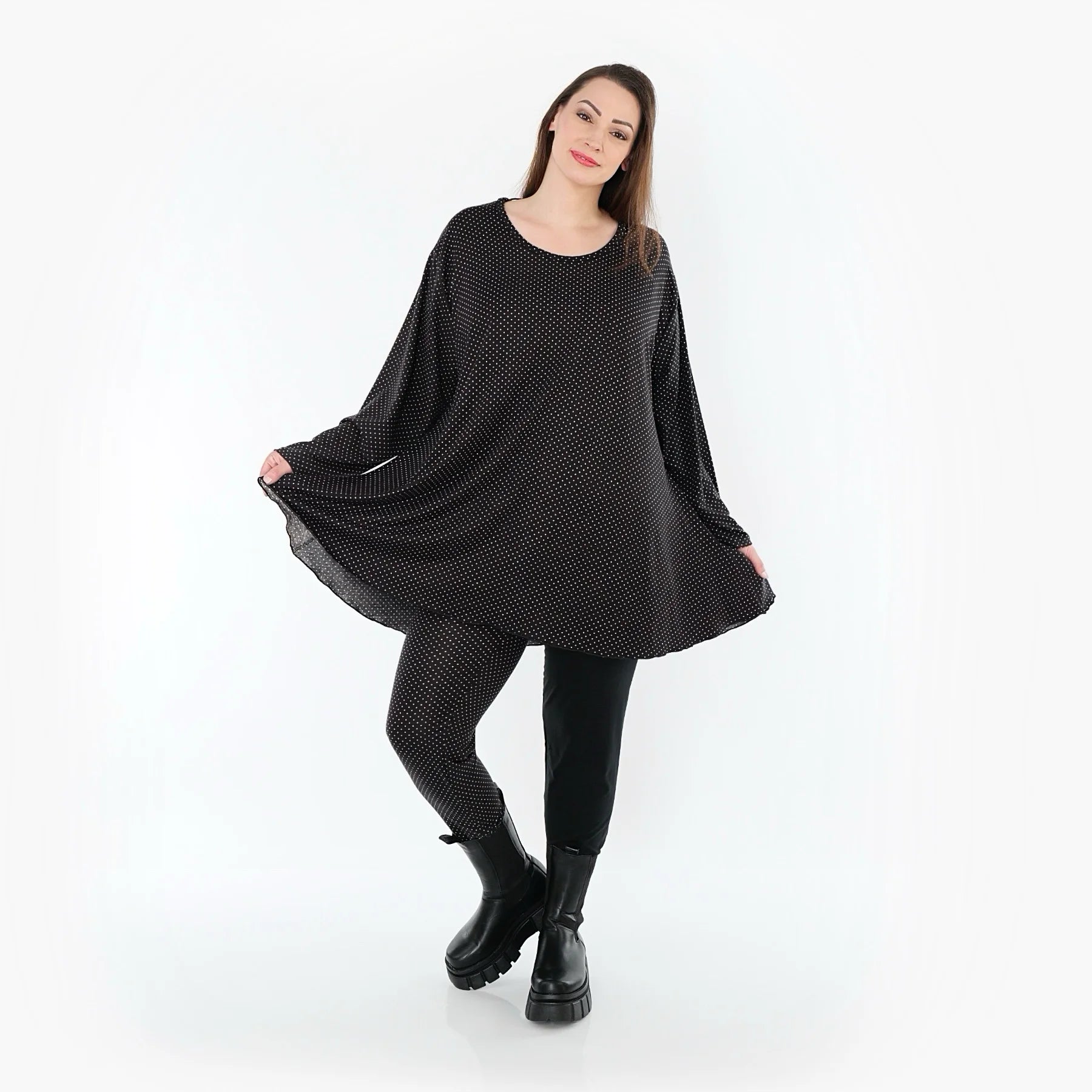  AKH Fashion Shirt in Glocken-Form, aus Viskose, 1558.01892, Schwarz/Weiß, Punkte, Schick