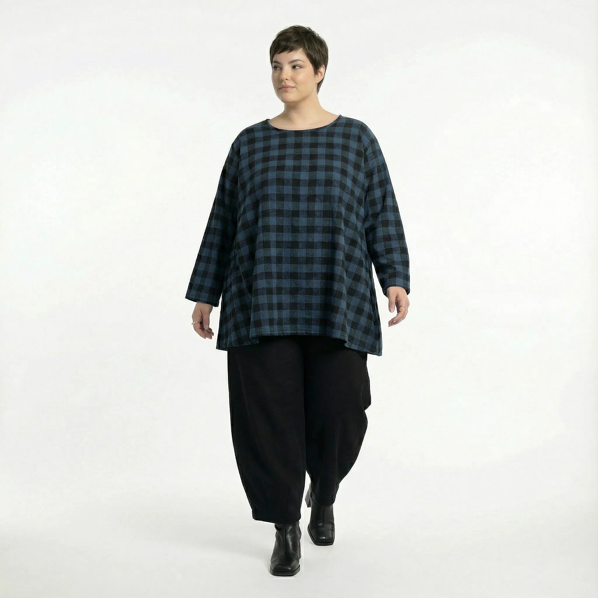  A-Form Bigshirt von AKH Fashion aus Polyester, 1562.00593, Blau/Schwarz, Kariert, Schick