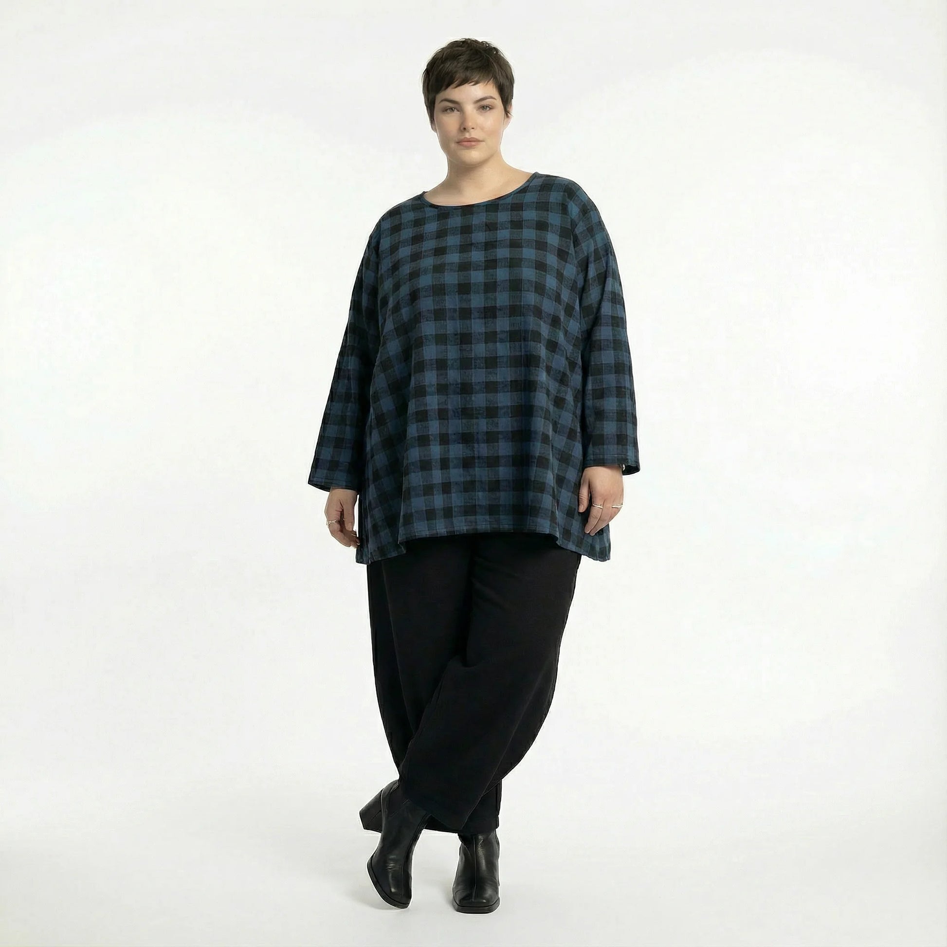  A-Form Bigshirt von AKH Fashion aus Polyester, 1562.00593, Blau/Schwarz, Kariert, Schick