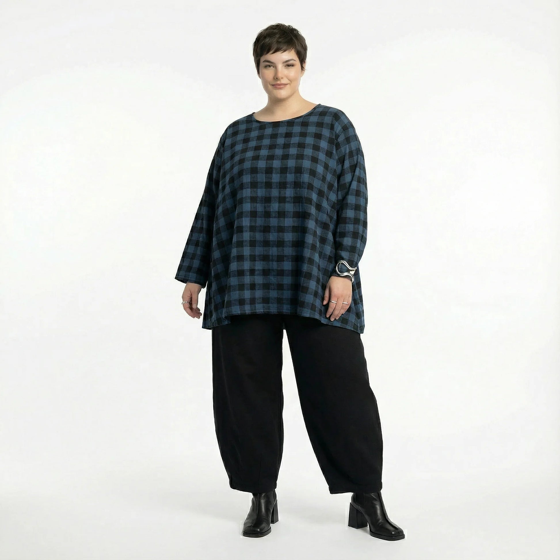  A-Form Bigshirt von AKH Fashion aus Polyester, 1562.00593, Blau/Schwarz, Kariert, Schick