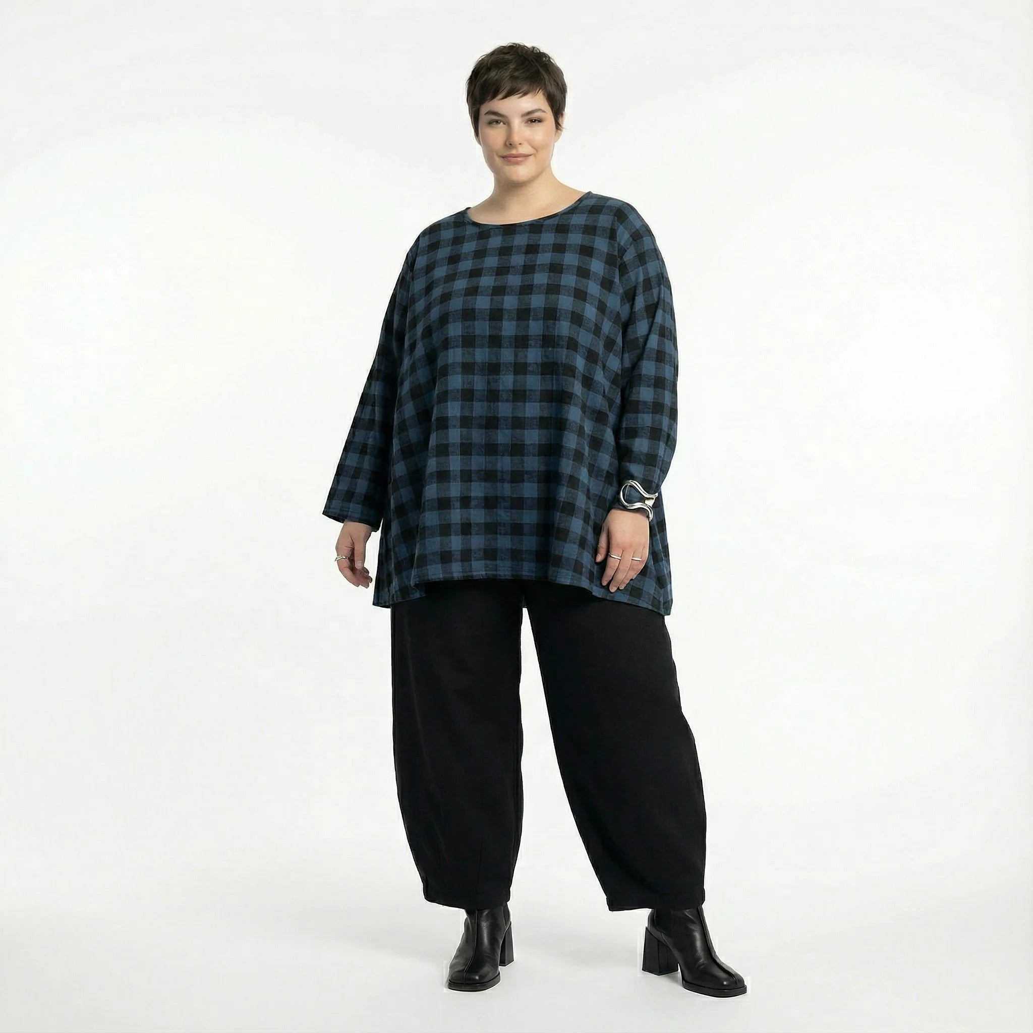  A-Form Bigshirt von AKH Fashion aus Polyester, 1562.00593, Blau/Schwarz, Kariert, Schick