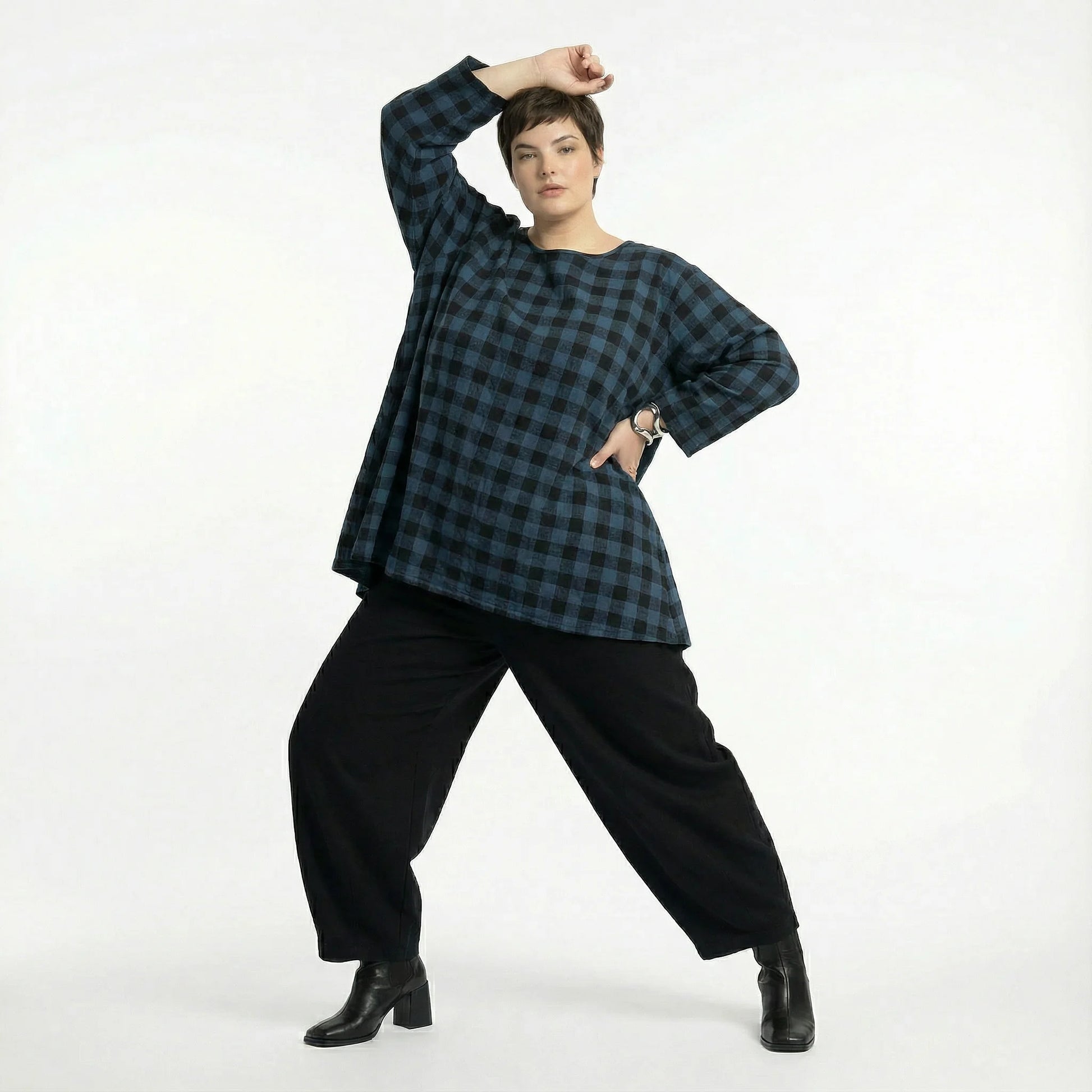  A-Form Bigshirt von AKH Fashion aus Polyester, 1562.00593, Blau/Schwarz, Kariert, Schick