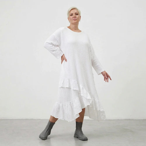  AKH Fashion Kleid in asymmetrischer Form, aus Baumwolle, 1573.07024, Weiß, Kariert, Schick