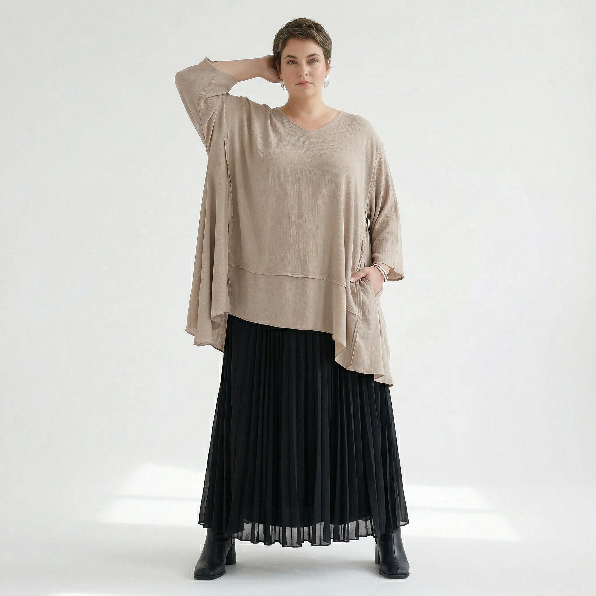 A-Form Bigshirt von AKH Fashion aus Viskose, 1576.05593, Beige, Ausgefallen, Zeitlos, Schick