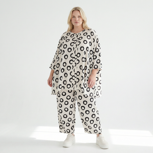  A-Form Bigshirt von AKH Fashion aus Baumwolle, 1577.07069, Ecru/Schwarz, Punkte, Ausgefallen