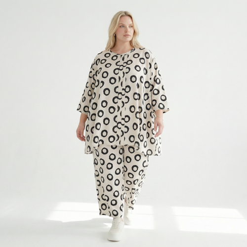  A-Form Bigshirt von AKH Fashion aus Baumwolle, 1577.07069, Ecru/Schwarz, Punkte, Ausgefallen