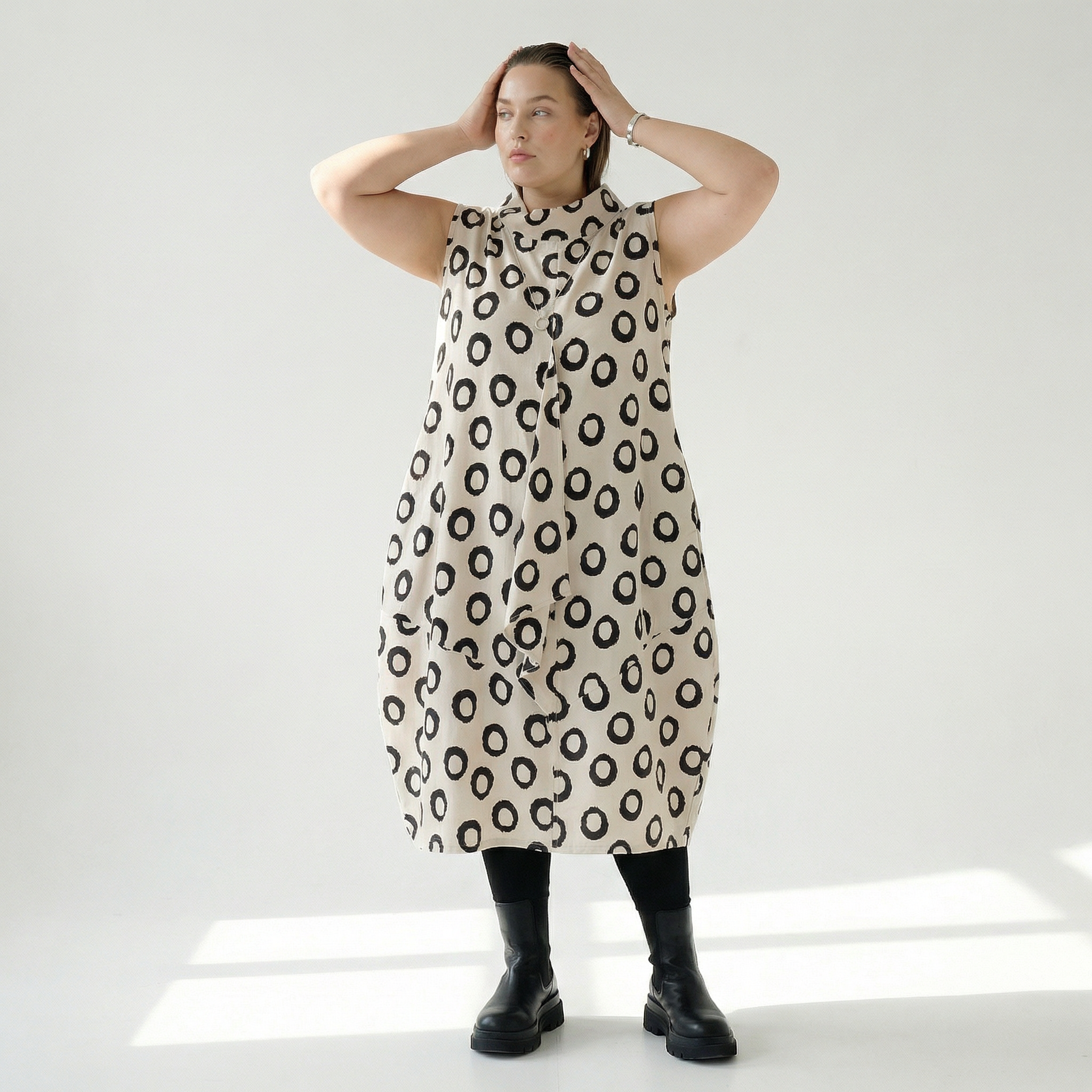 Ballonkleid von AKH Fashion aus Baumwolle, 1577.07072, Ecru/Schwarz, Punkte, Ausgefallen