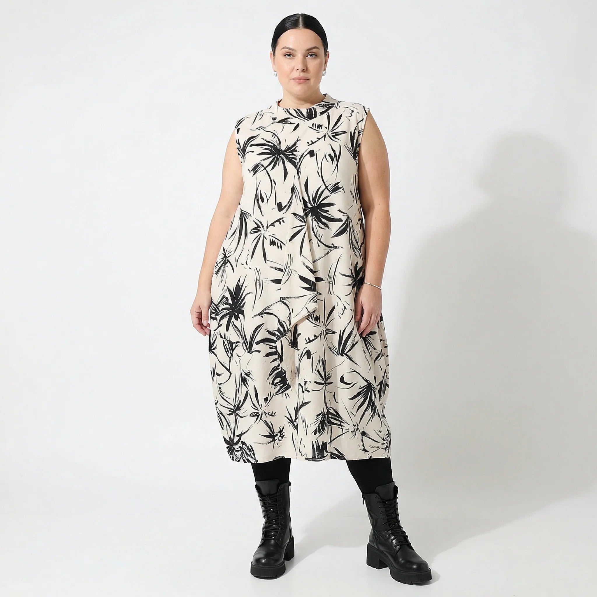 Ballonkleid von AKH Fashion aus Baumwolle, 1578.07072, Ecru/Schwarz, Blumen, Ausgefallen