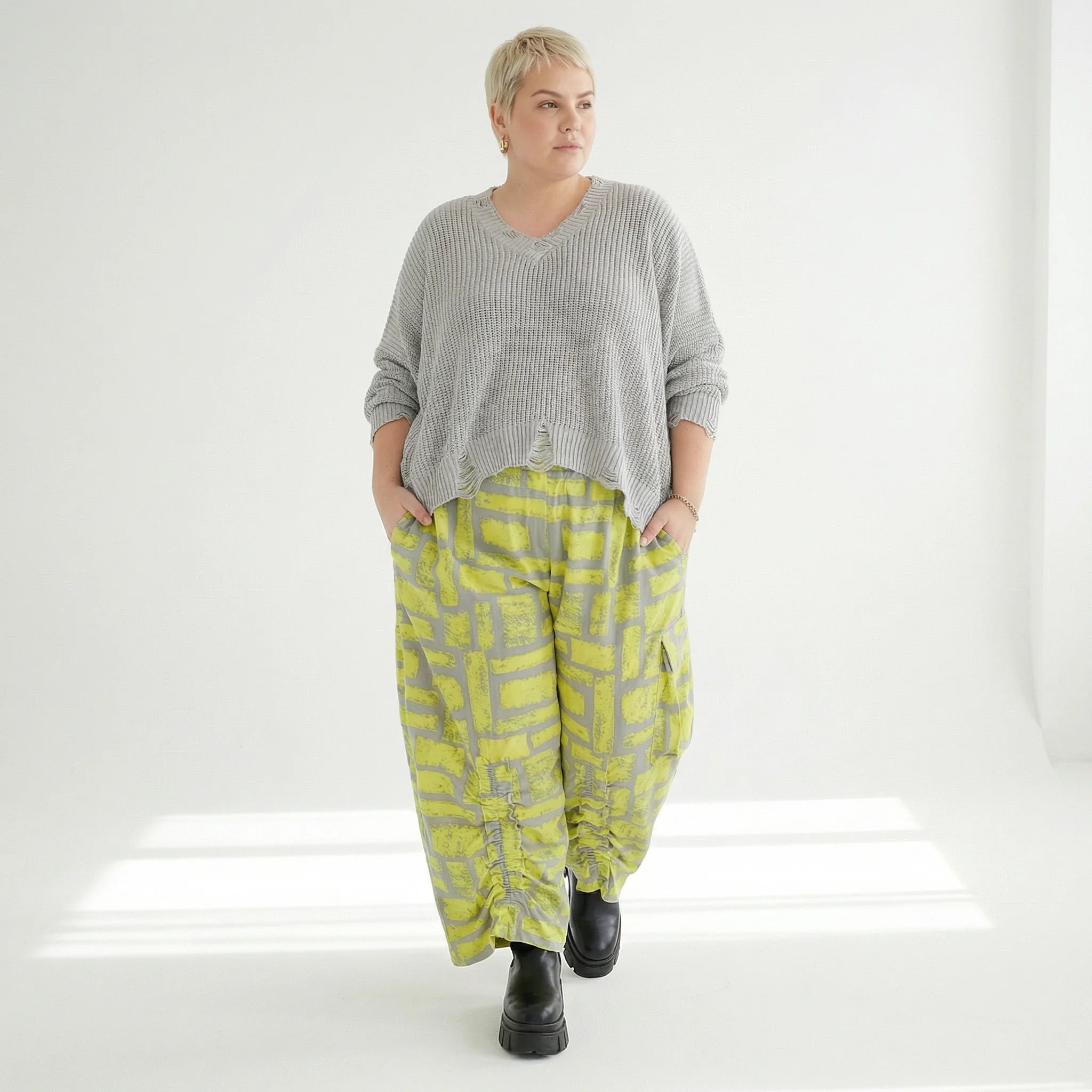 Ballonhose von AKH Fashion aus Baumwolle, 1580.07181, Gelb/Grau, Ziegelsteine, Schick